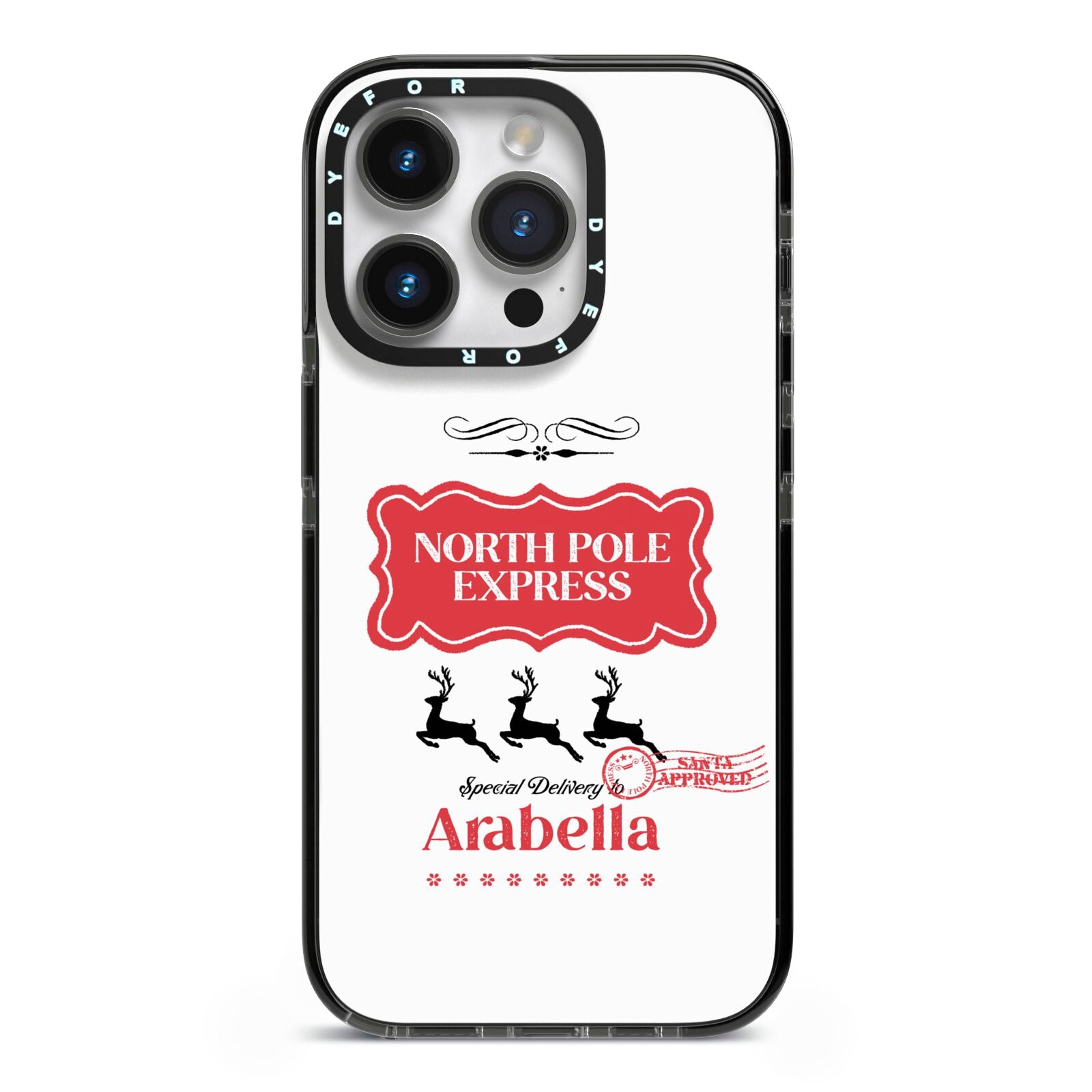 North Pole Express Personalised iPhone 14 Pro Black Impact Case on Silver phone