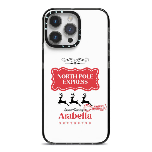 North Pole Express Personalised iPhone 14 Pro Max Black Impact Case on Silver phone