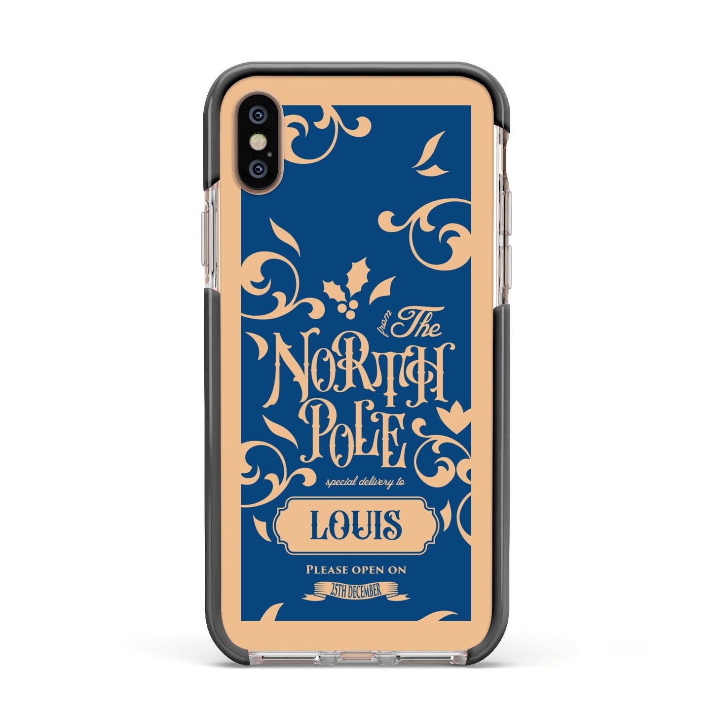 North Pole Personalised Apple iPhone Xs Impact Case Black Edge on Gold Phone