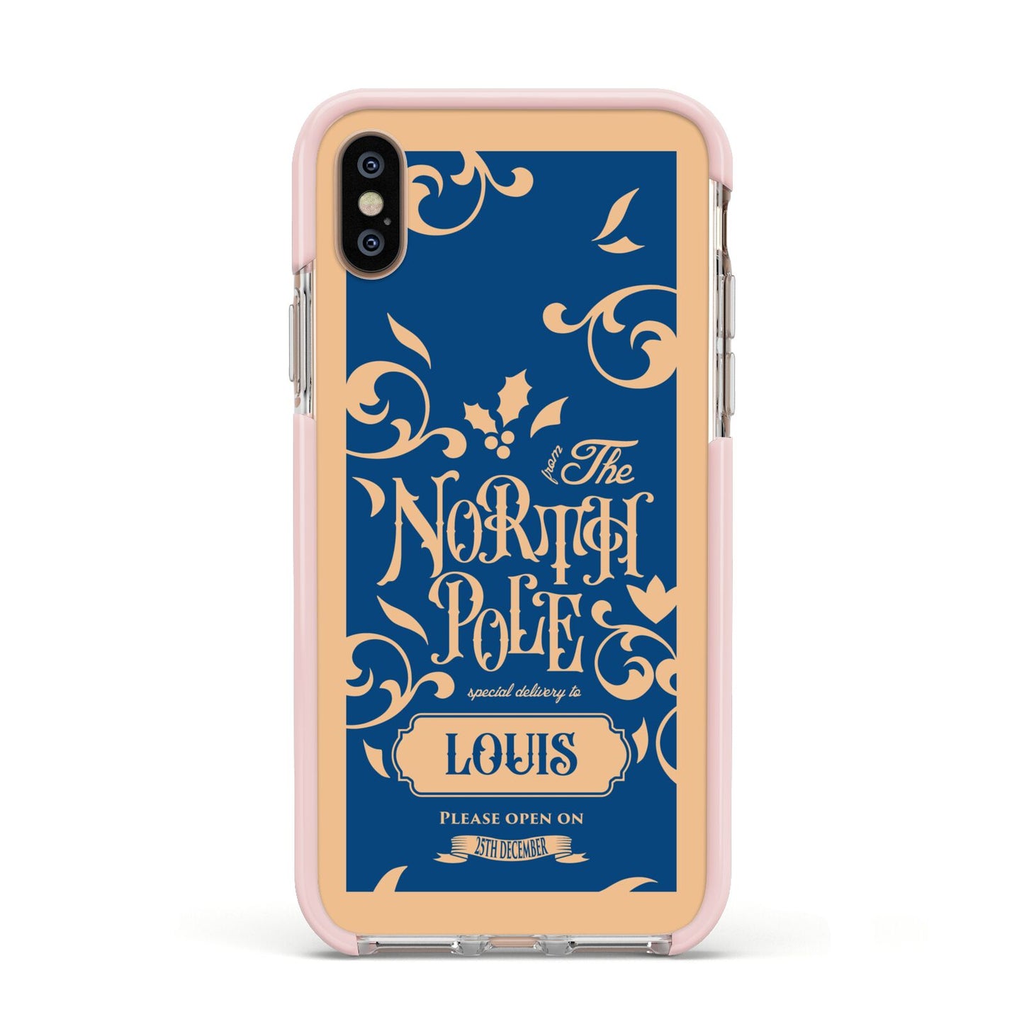 North Pole Personalised Apple iPhone Xs Impact Case Pink Edge on Gold Phone