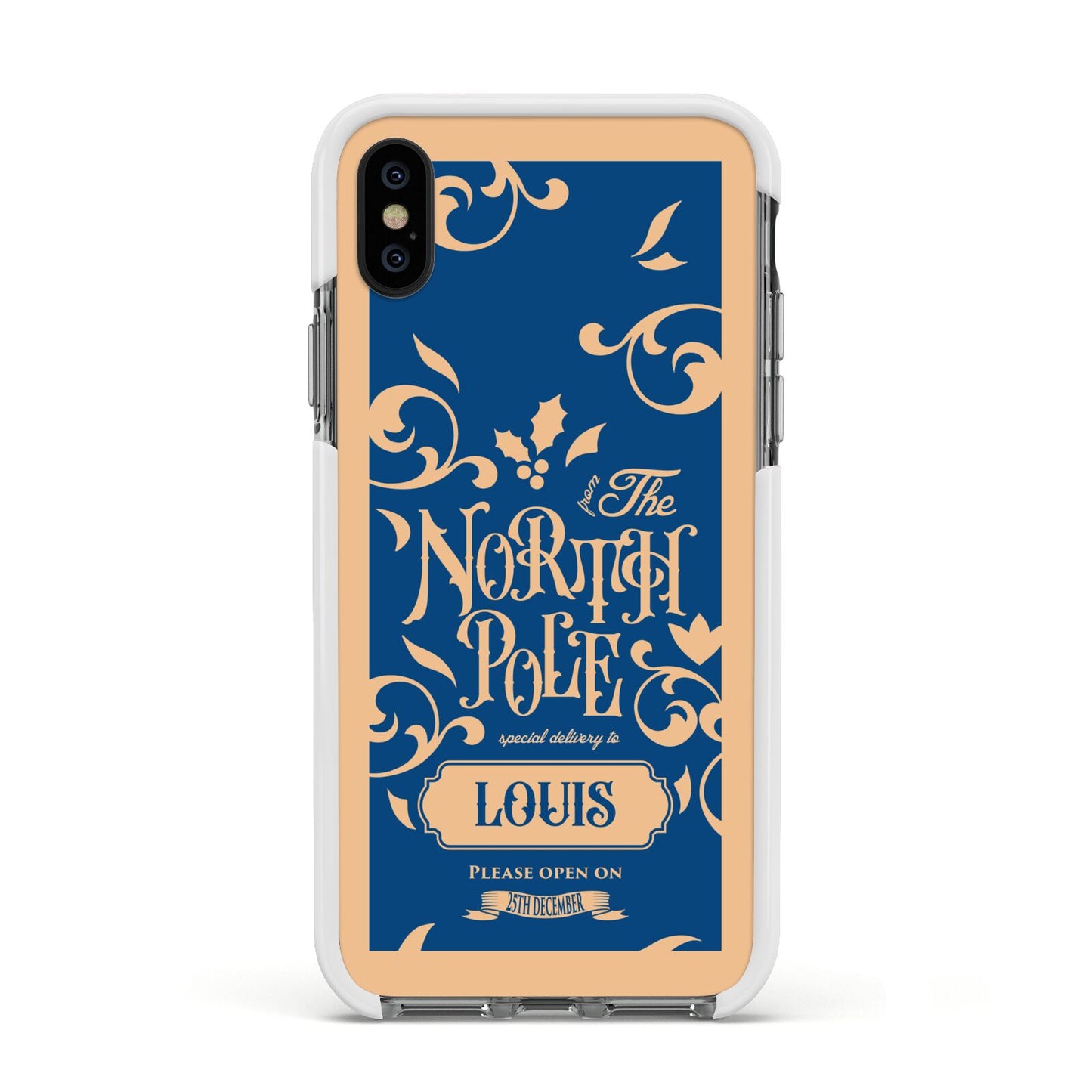 North Pole Personalised Apple iPhone Xs Impact Case White Edge on Black Phone