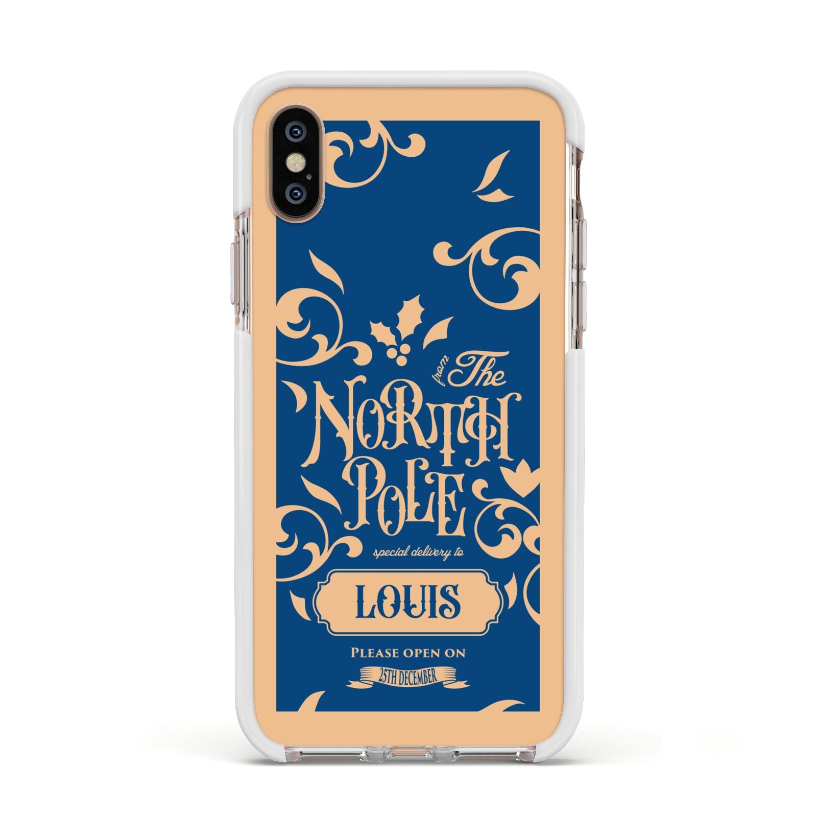 North Pole Personalised Apple iPhone Xs Impact Case White Edge on Gold Phone