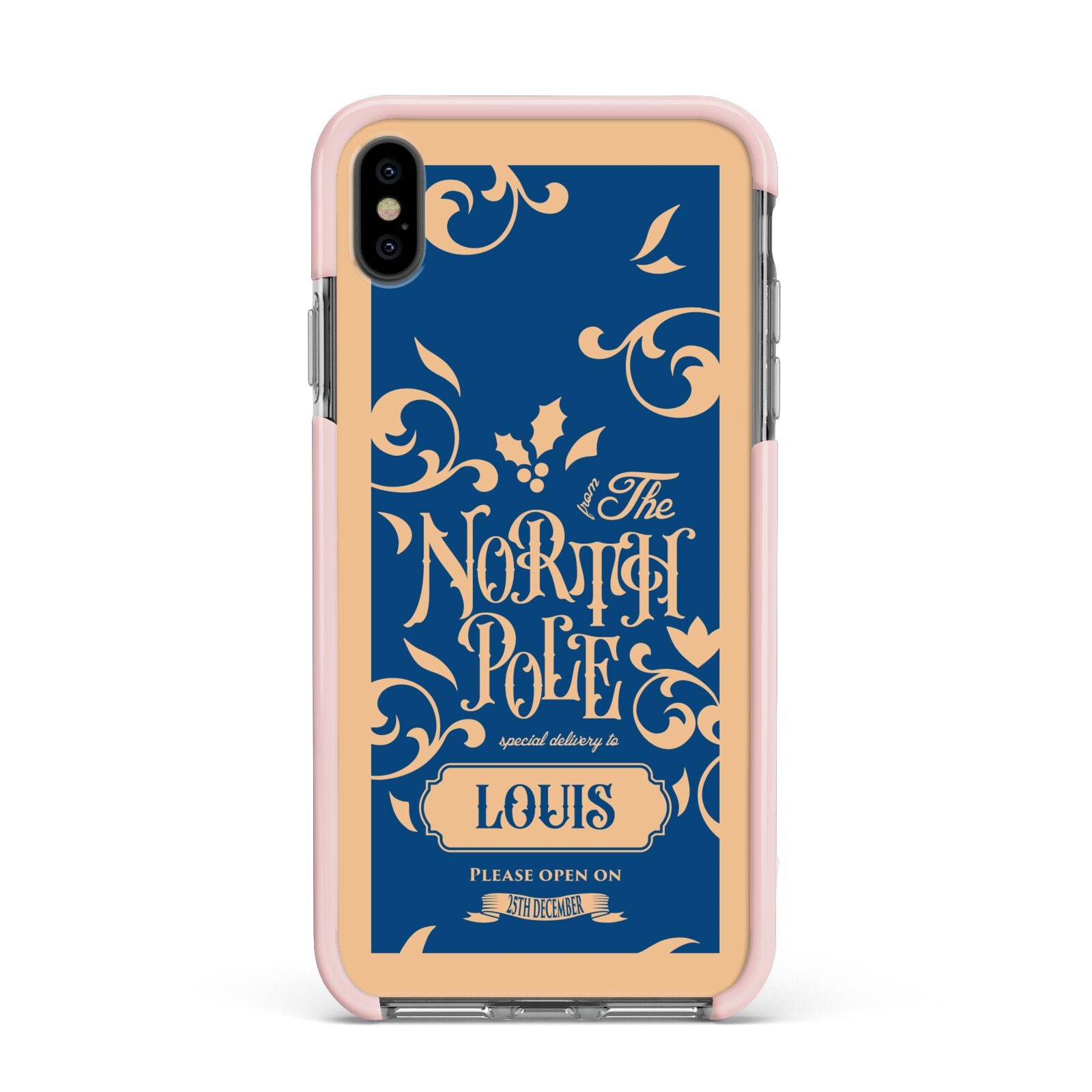 North Pole Personalised Apple iPhone Xs Max Impact Case Pink Edge on Black Phone