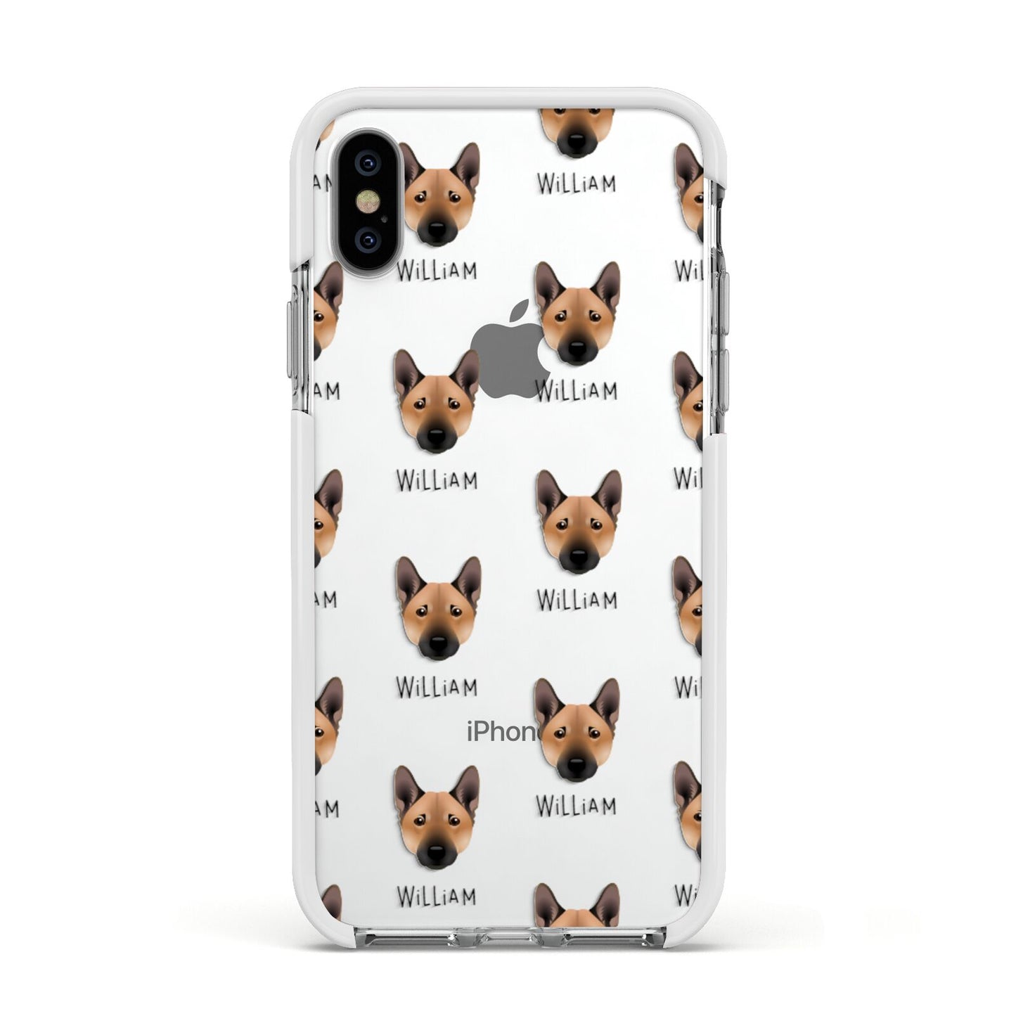 Norwegian Buhund Icon with Name Apple iPhone Xs Impact Case White Edge on Silver Phone