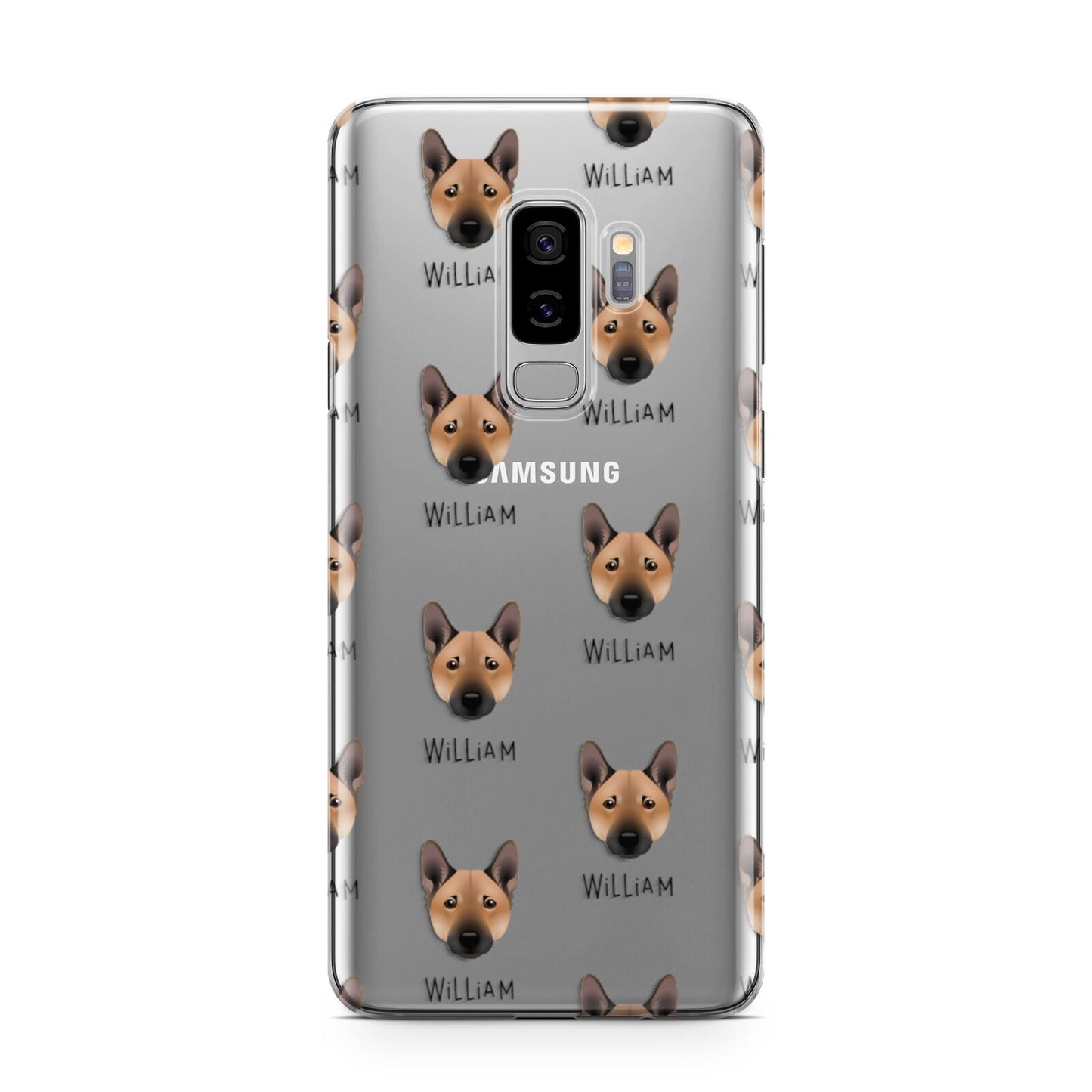 Norwegian Buhund Icon with Name Samsung Galaxy S9 Plus Case on Silver phone