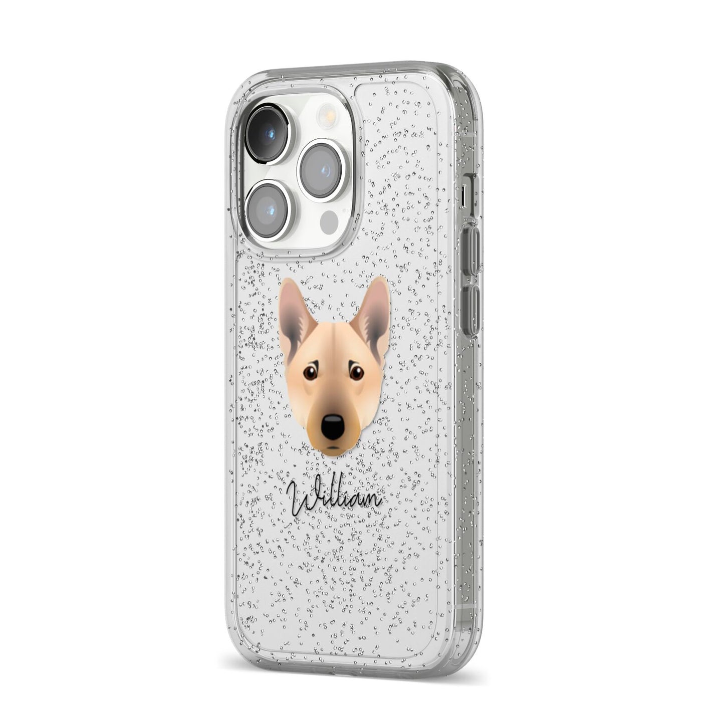 Norwegian Buhund Personalised iPhone 14 Pro Glitter Tough Case Silver Angled Image