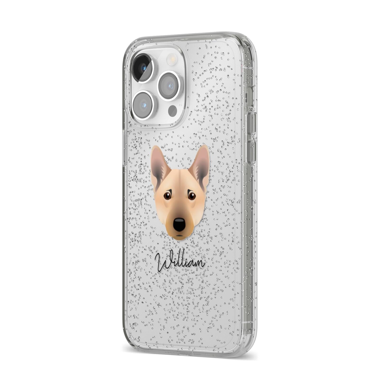 Norwegian Buhund Personalised iPhone 14 Pro Max Glitter Tough Case Silver Angled Image