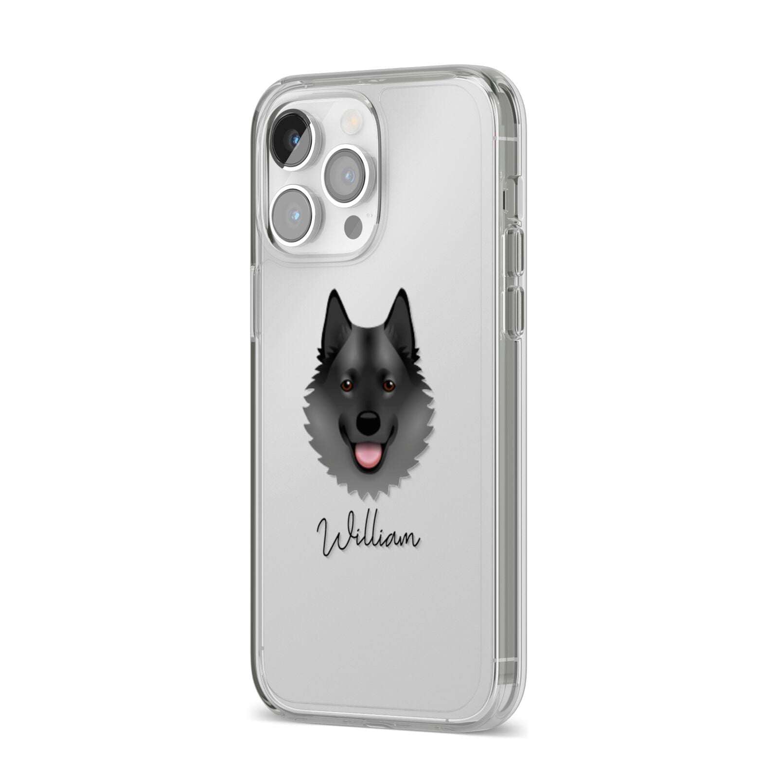 Norwegian Elkhound Personalised iPhone 14 Pro Max Clear Tough Case Silver Angled Image