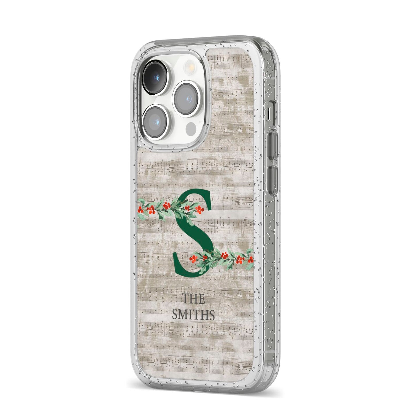 Nostalgic Monogram Personalised iPhone 14 Pro Glitter Tough Case Silver Angled Image