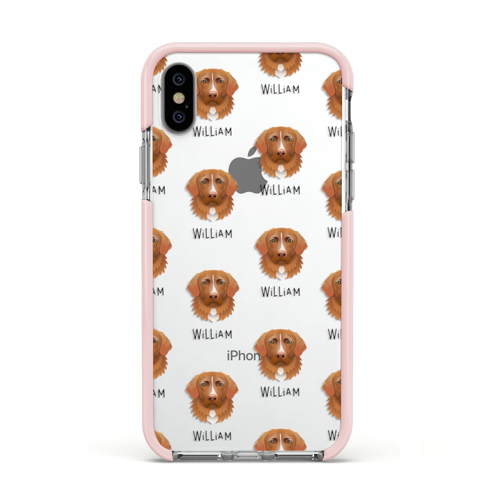 Nova Scotia Duck Tolling Retriever Icon with Name Apple iPhone Xs Impact Case Pink Edge on Silver Phone