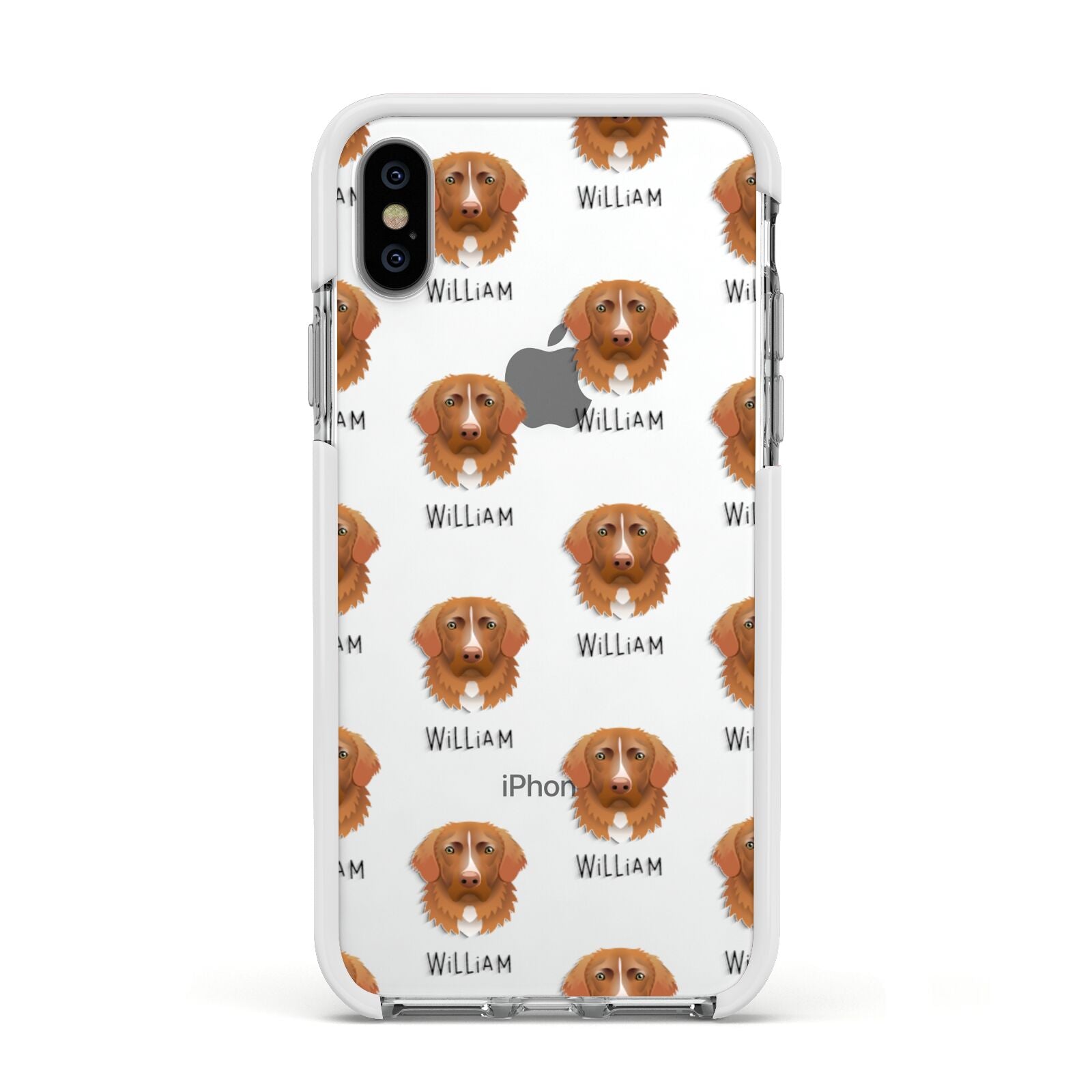 Nova Scotia Duck Tolling Retriever Icon with Name Apple iPhone Xs Impact Case White Edge on Silver Phone