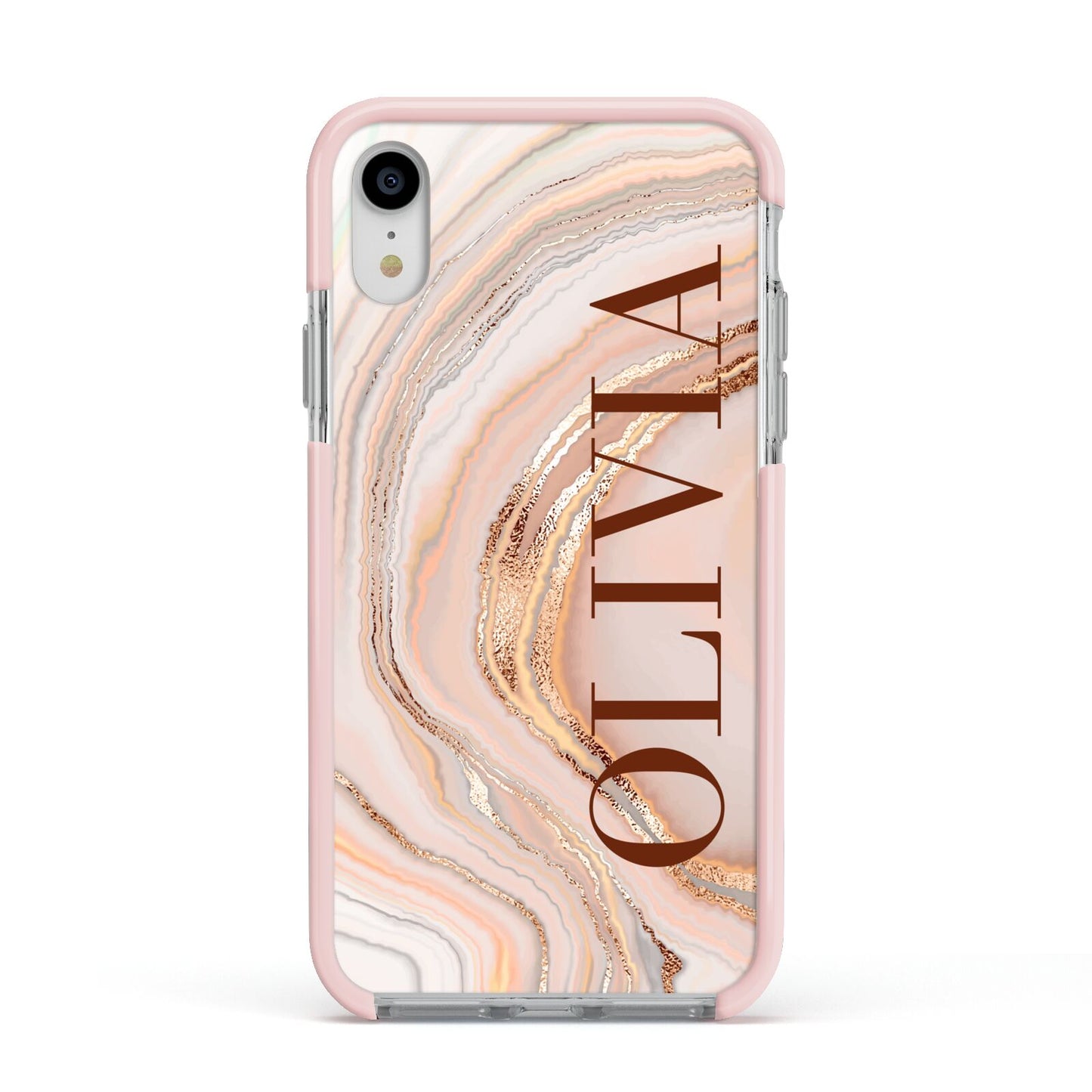 Nude Agate Apple iPhone XR Impact Case Pink Edge on Silver Phone