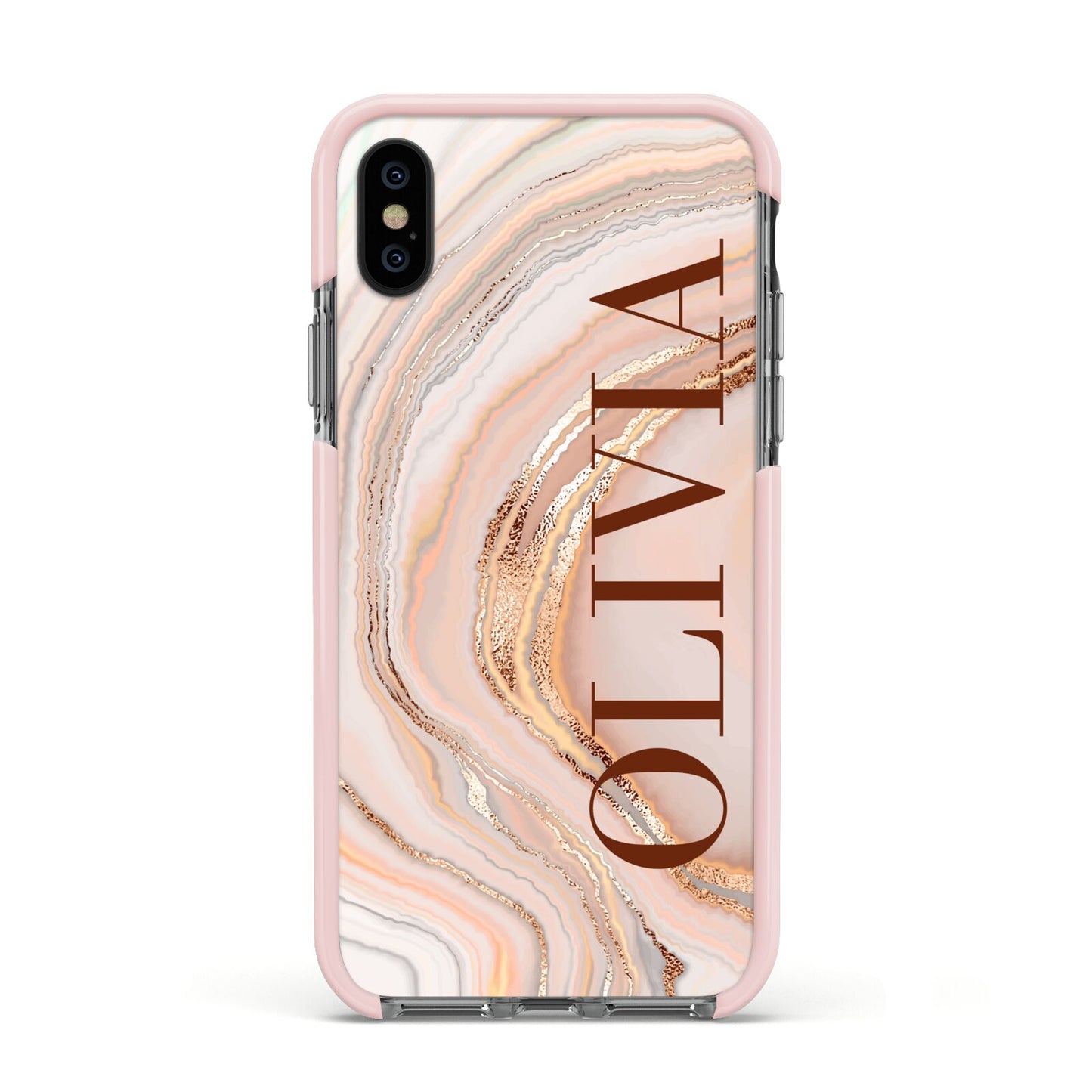 Nude Agate Apple iPhone Xs Impact Case Pink Edge on Black Phone