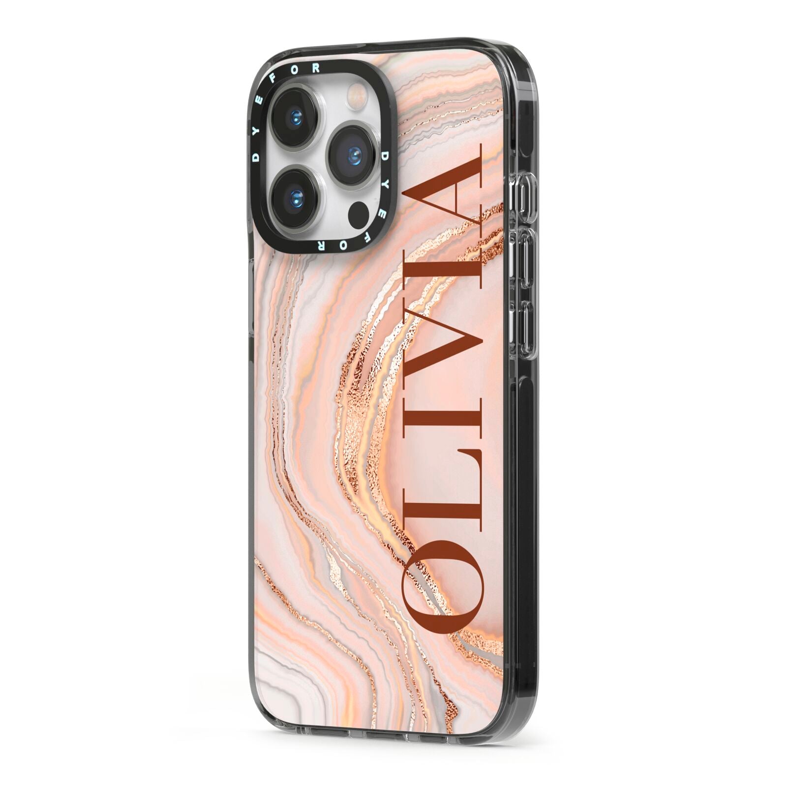 Nude Agate iPhone 13 Pro Black Impact Case Side Angle on Silver phone