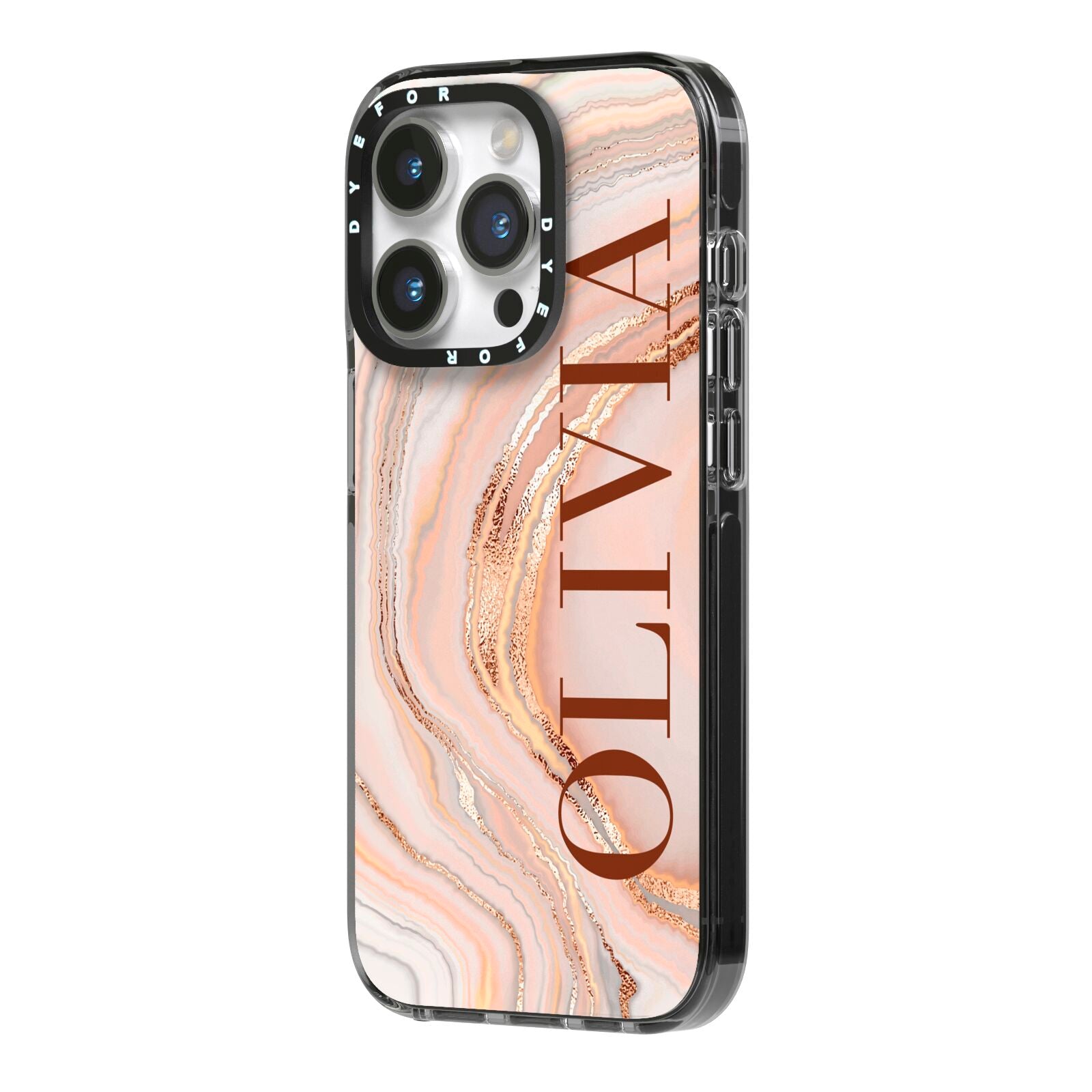 Nude Agate iPhone 14 Pro Black Impact Case Side Angle on Silver phone