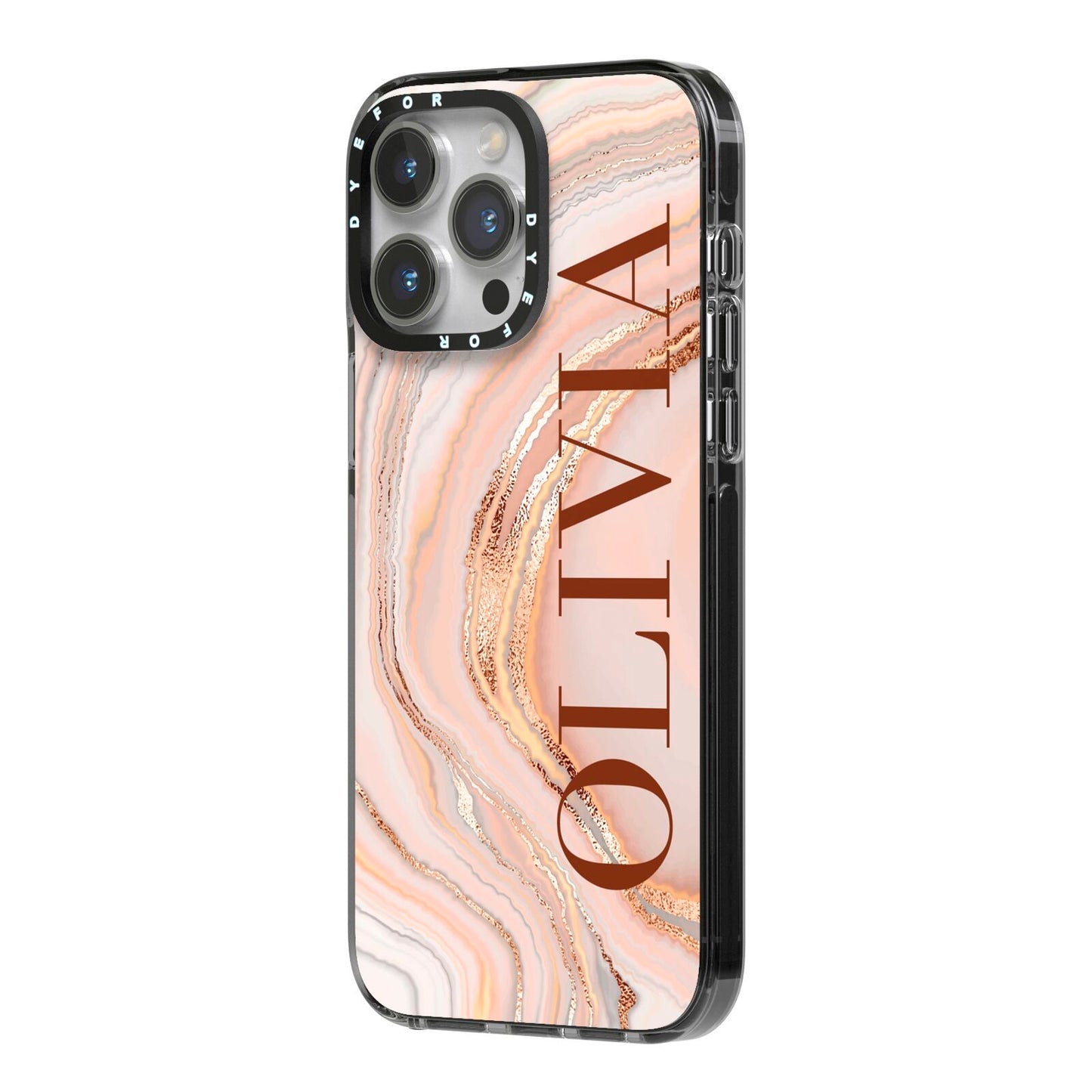 Nude Agate iPhone 14 Pro Max Black Impact Case Side Angle on Silver phone