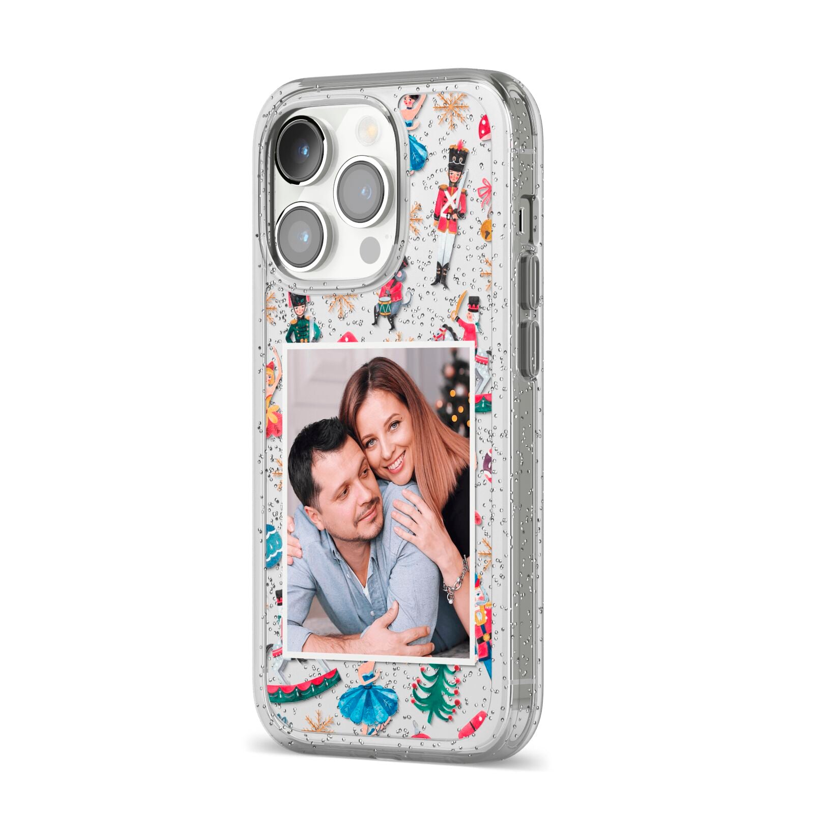 Nutcracker Personalised Photo iPhone 14 Pro Glitter Tough Case Silver Angled Image