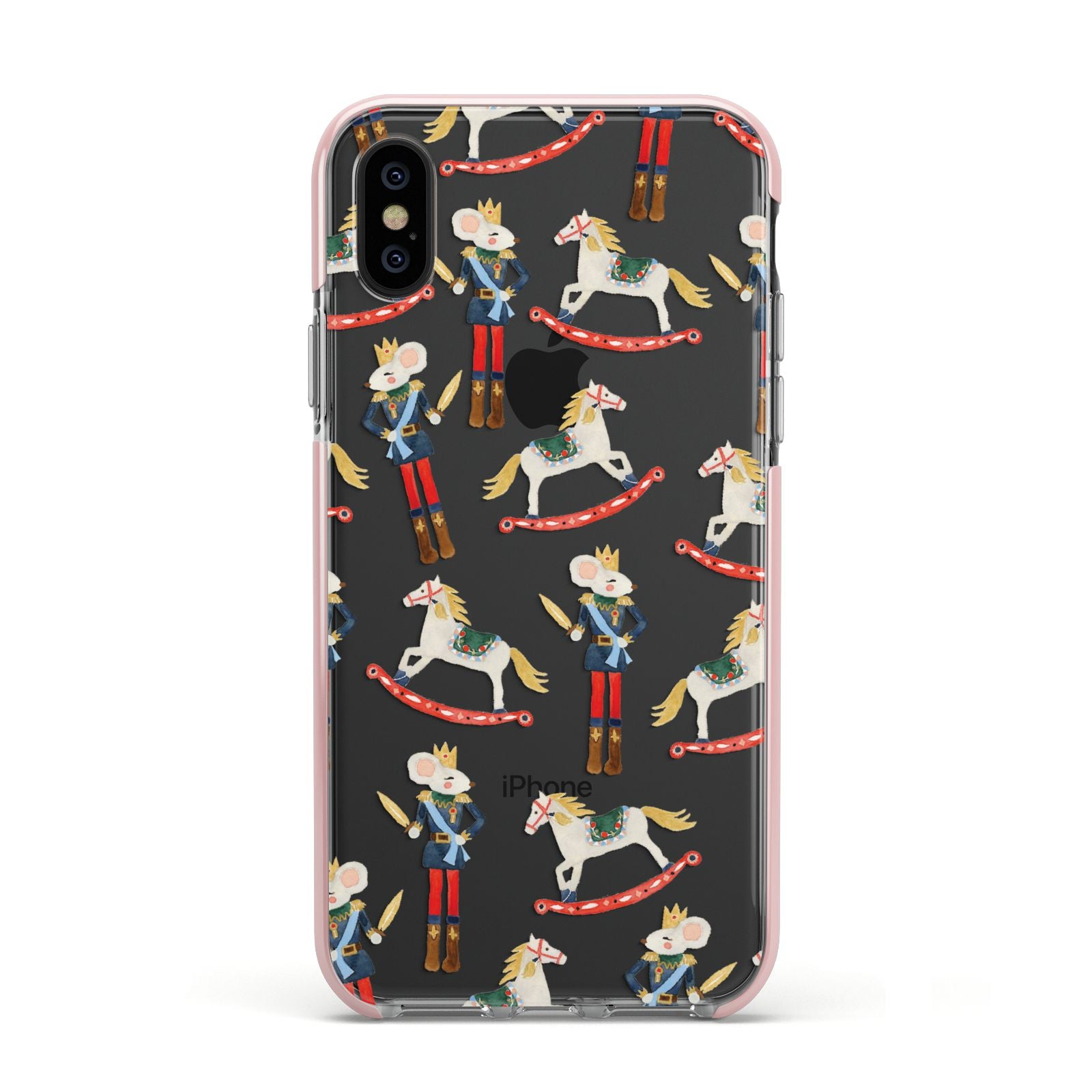 Nutcracker Rocking Horse Apple iPhone Xs Impact Case Pink Edge on Black Phone