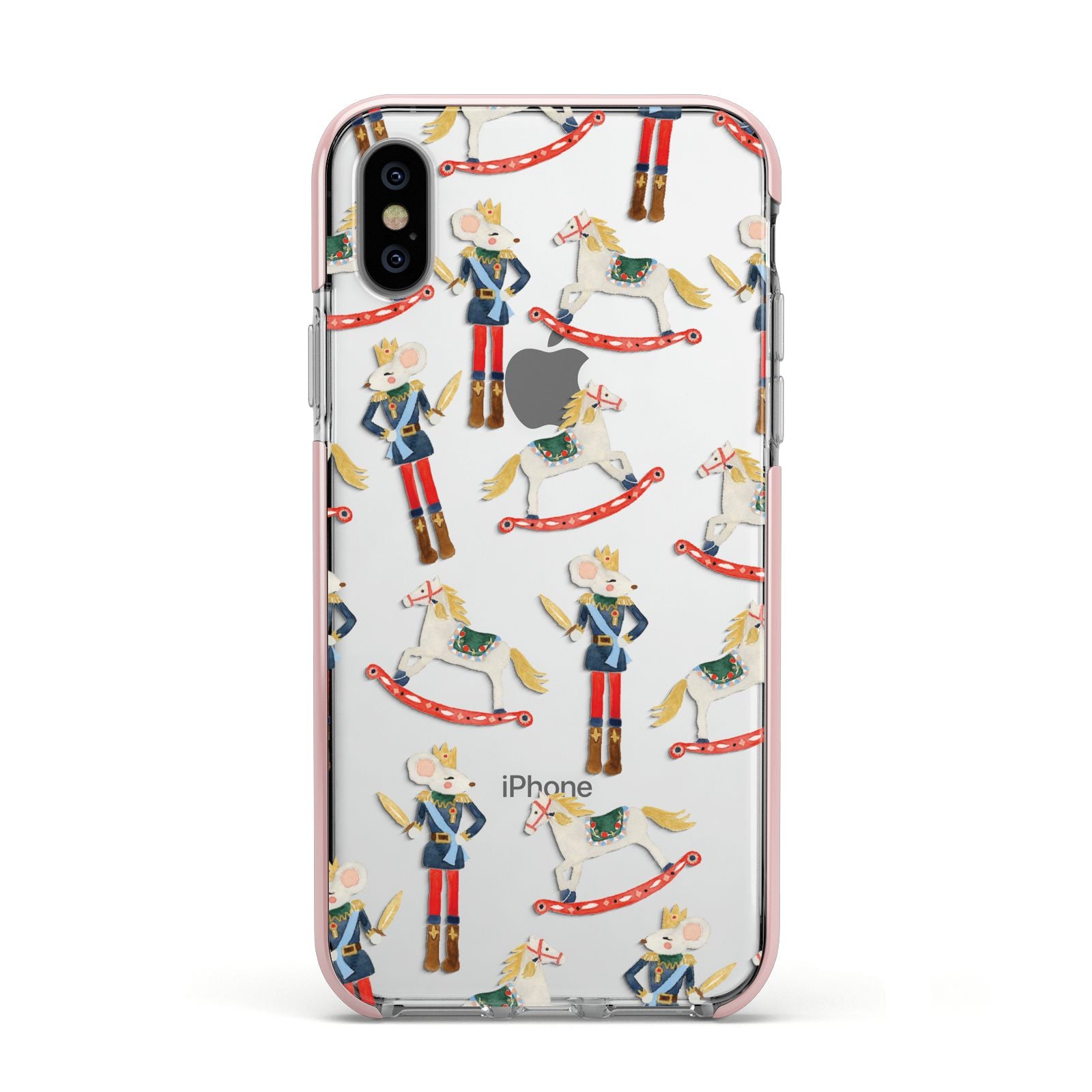 Nutcracker Rocking Horse Apple iPhone Xs Impact Case Pink Edge on Silver Phone