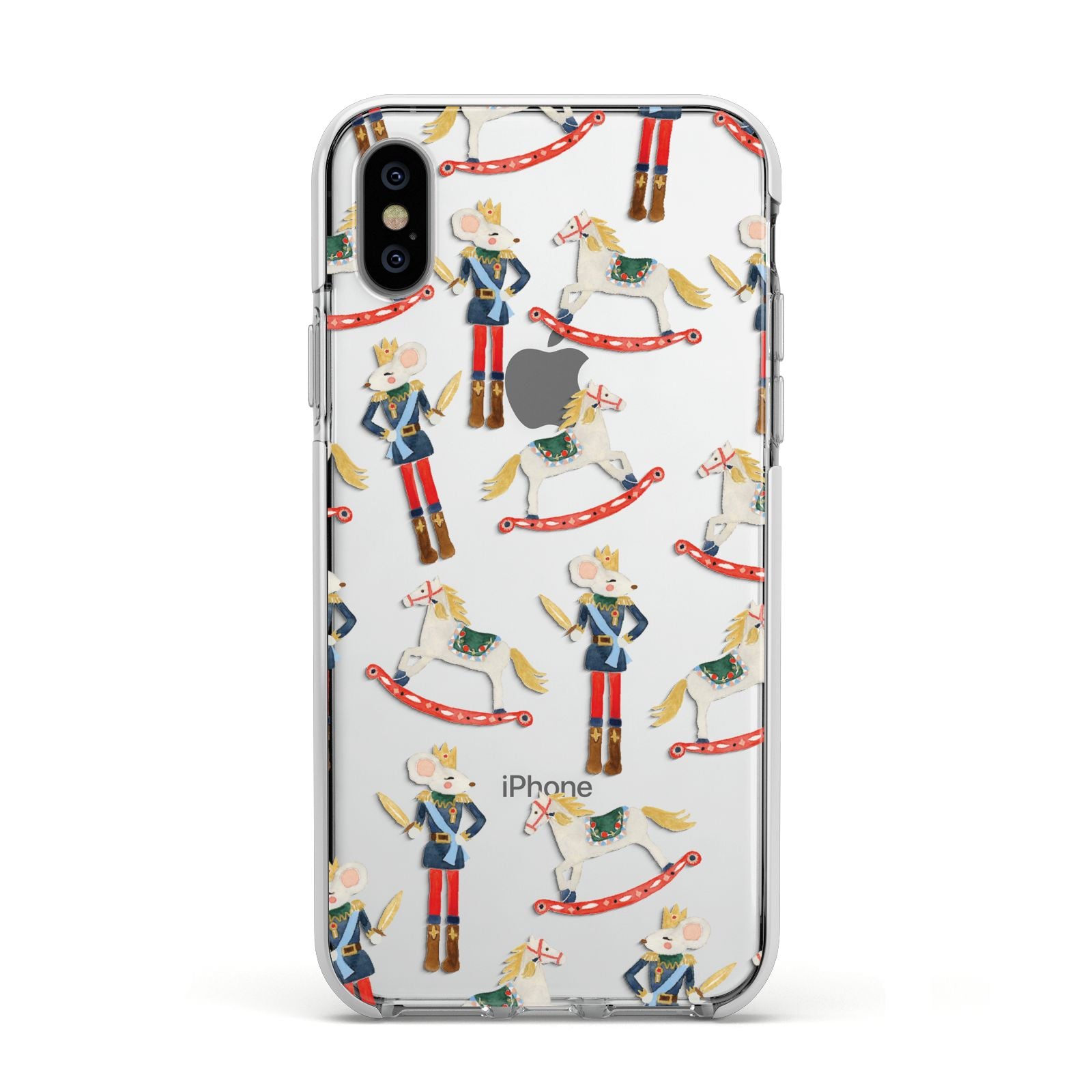 Nutcracker Rocking Horse Apple iPhone Xs Impact Case White Edge on Silver Phone