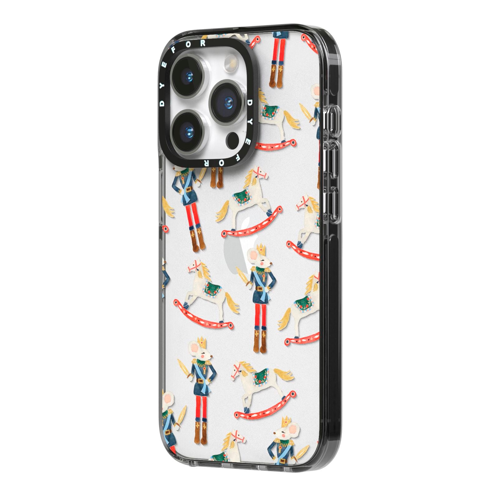 Nutcracker Rocking Horse iPhone 14 Pro Black Impact Case Side Angle on Silver phone