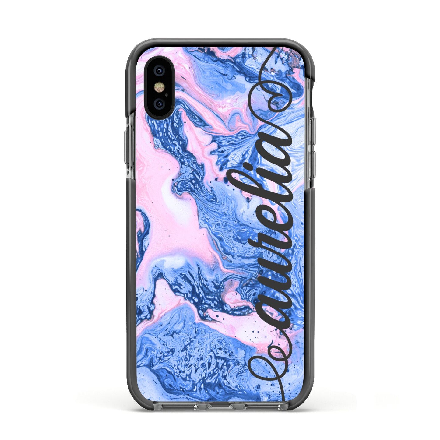Ocean Blue and Pink Marble Apple iPhone Xs Impact Case Black Edge on Black Phone