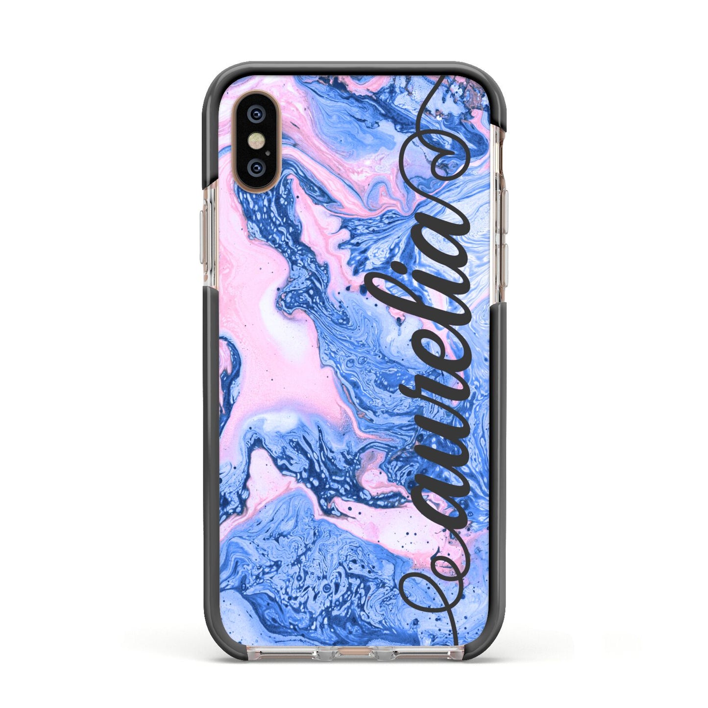 Ocean Blue and Pink Marble Apple iPhone Xs Impact Case Black Edge on Gold Phone