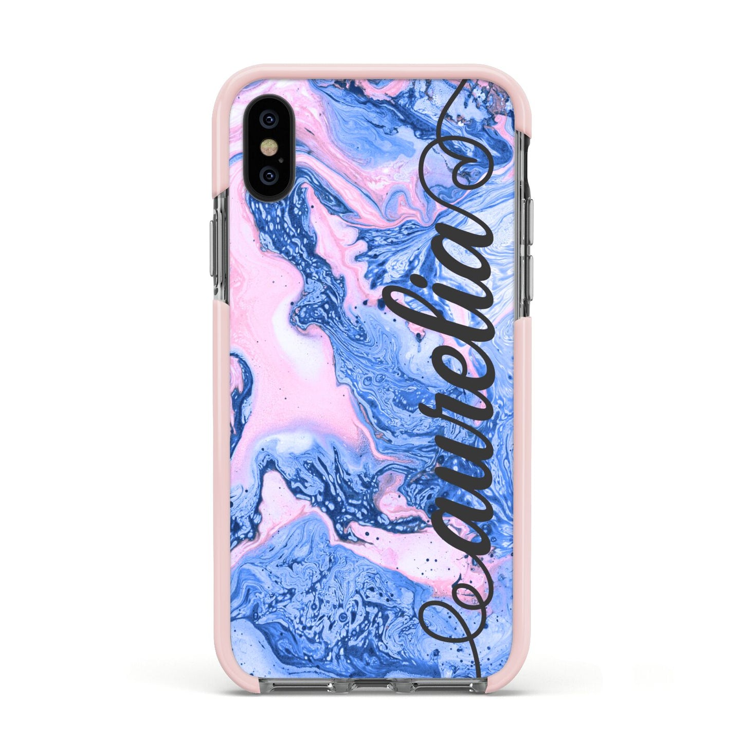 Ocean Blue and Pink Marble Apple iPhone Xs Impact Case Pink Edge on Black Phone
