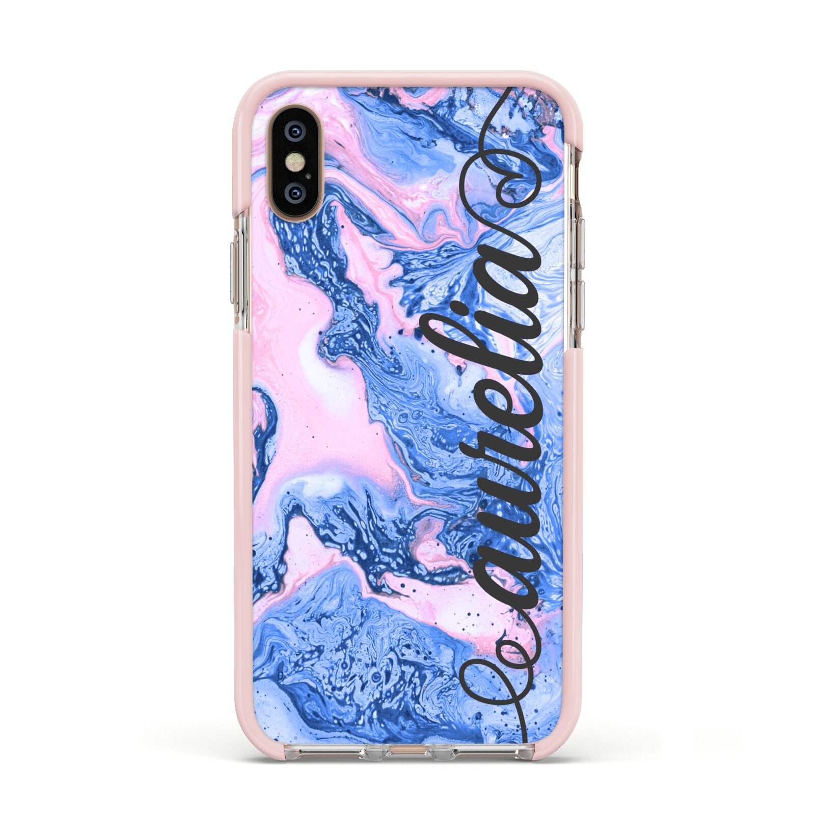 Ocean Blue and Pink Marble Apple iPhone Xs Impact Case Pink Edge on Gold Phone