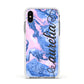 Ocean Blue and Pink Marble Apple iPhone Xs Impact Case White Edge on Silver Phone