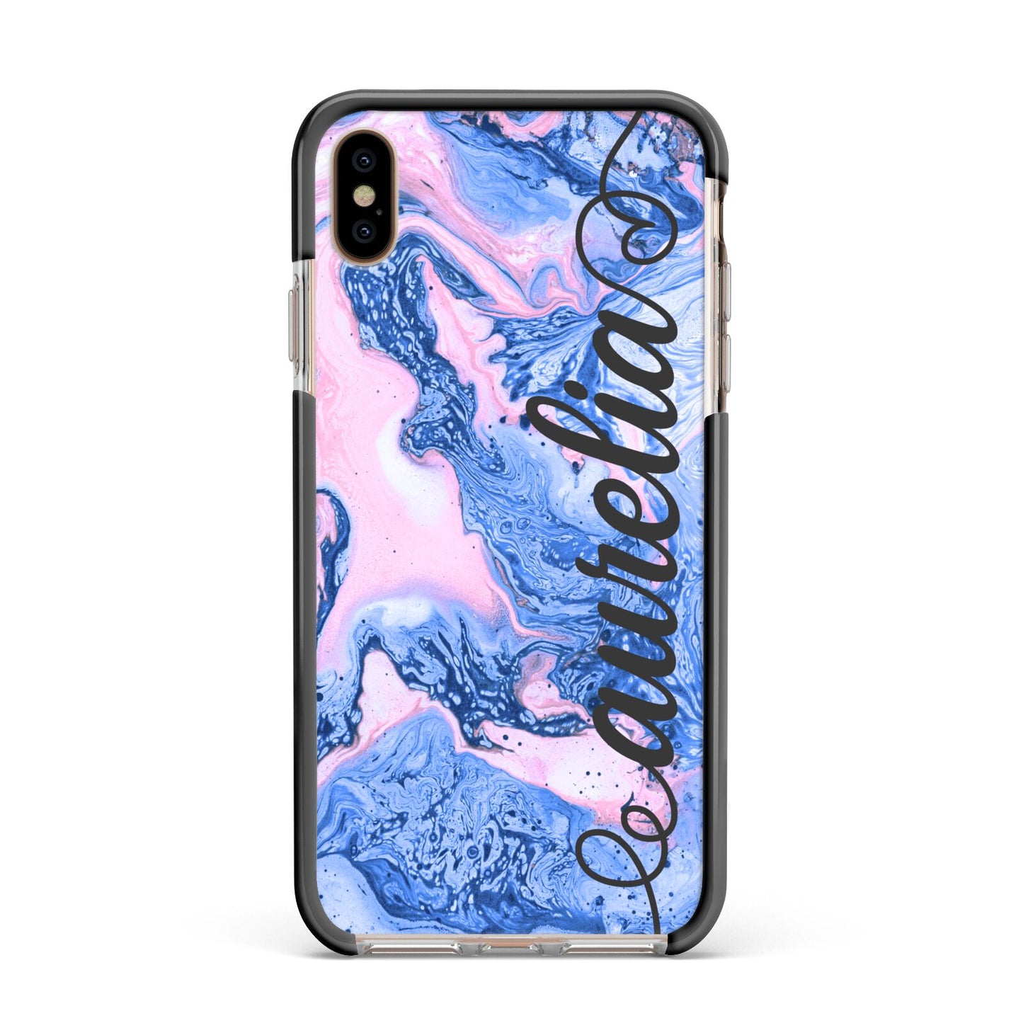 Ocean Blue and Pink Marble Apple iPhone Xs Max Impact Case Black Edge on Gold Phone