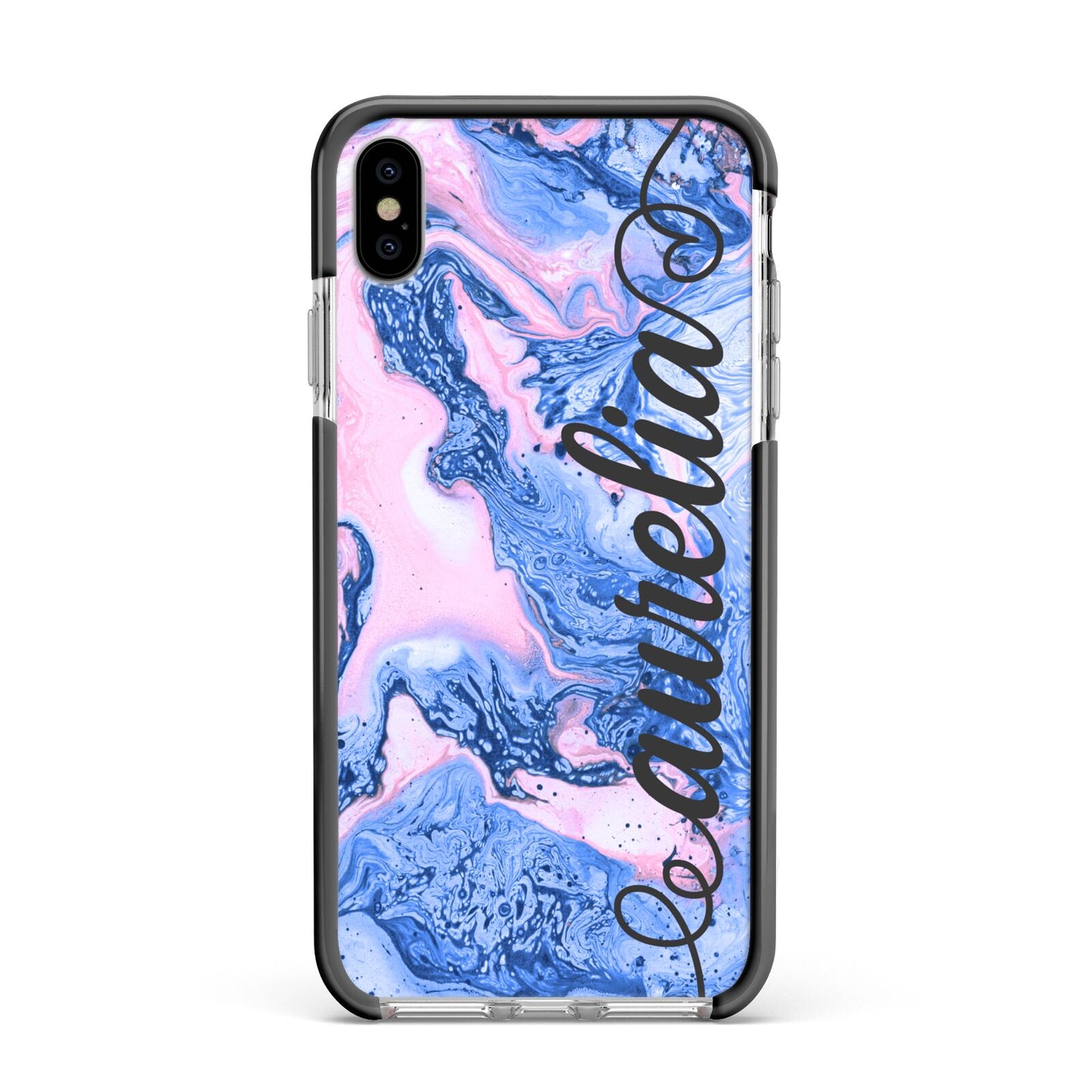 Ocean Blue and Pink Marble Apple iPhone Xs Max Impact Case Black Edge on Silver Phone