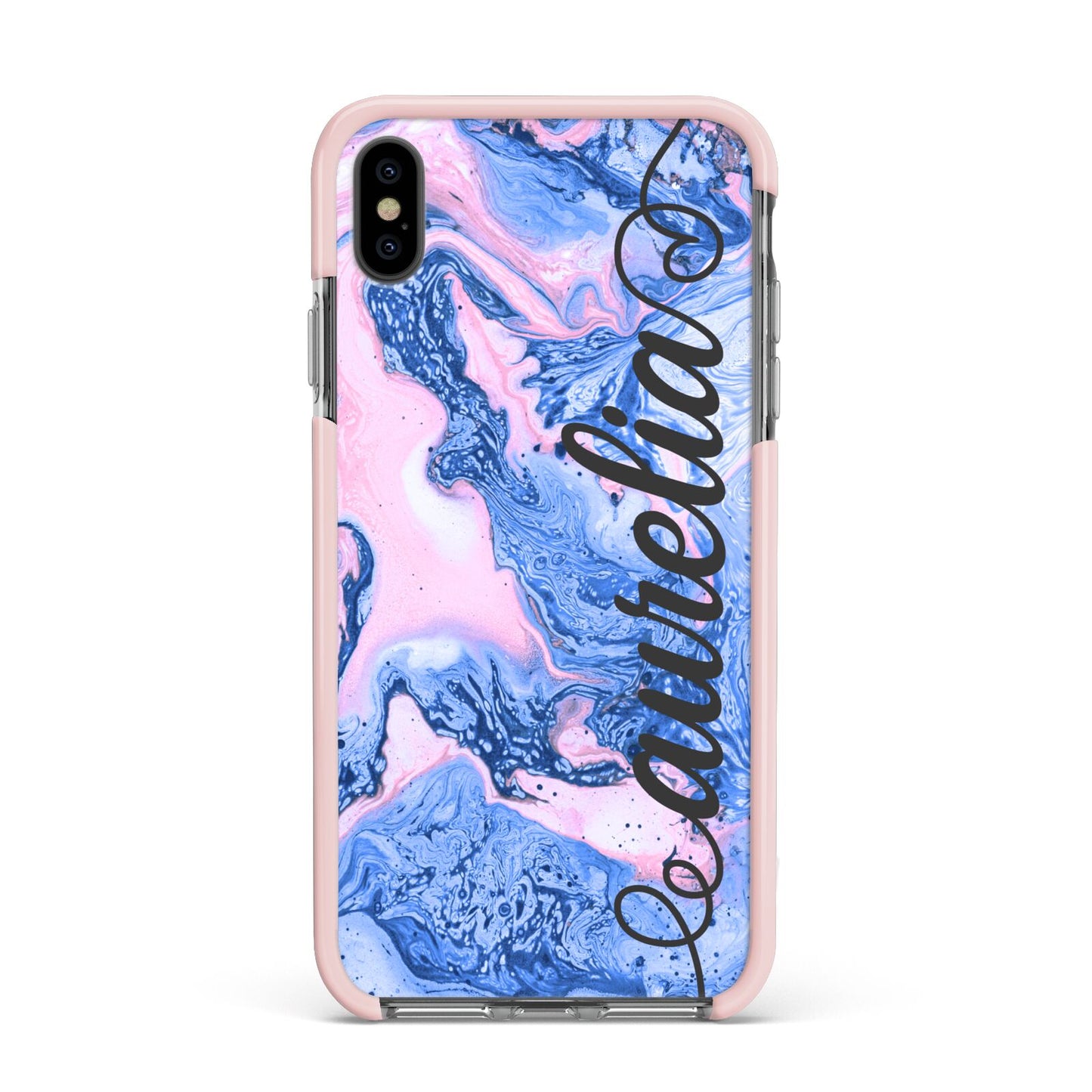 Ocean Blue and Pink Marble Apple iPhone Xs Max Impact Case Pink Edge on Black Phone