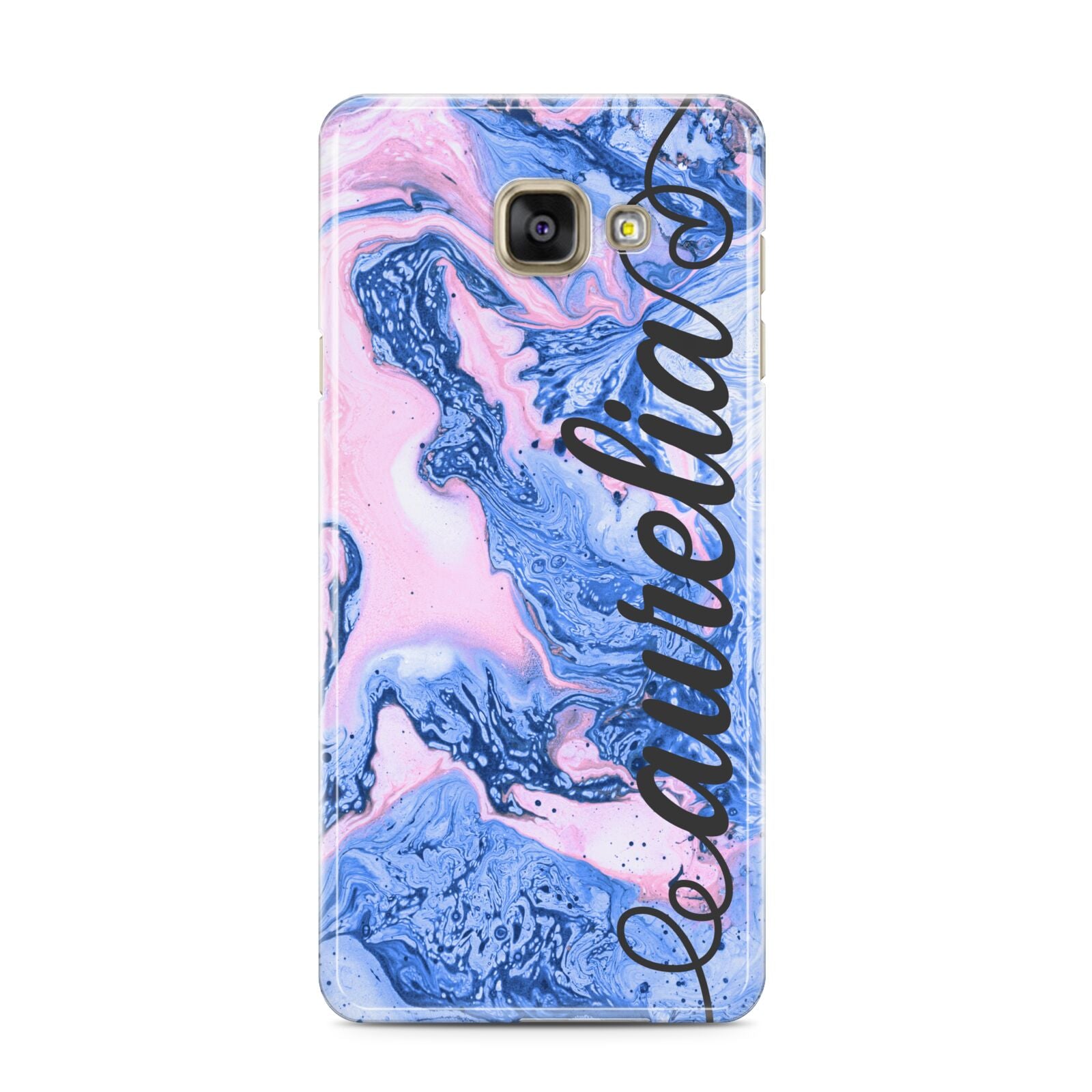 Ocean Blue and Pink Marble Samsung Galaxy A3 2016 Case on gold phone