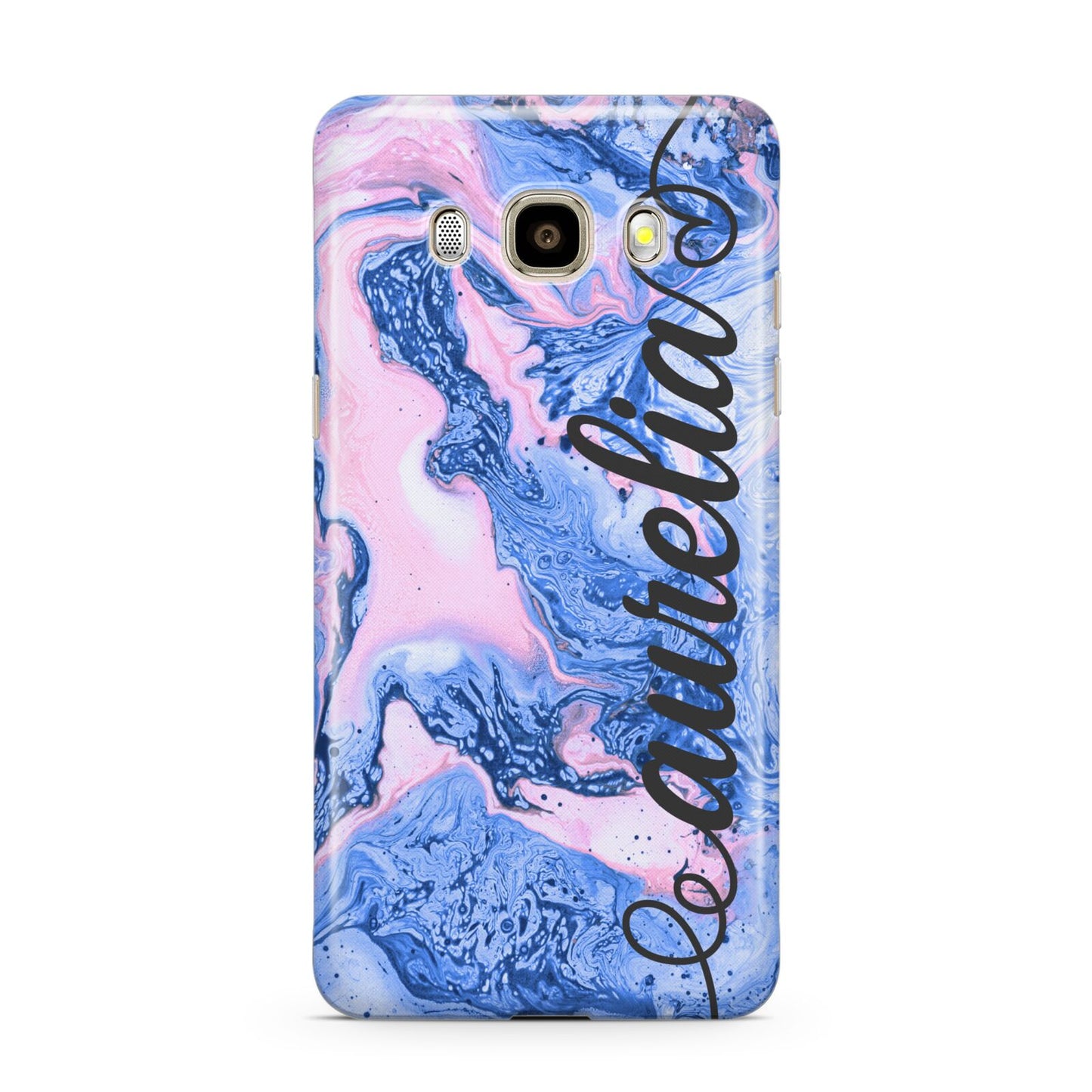 Ocean Blue and Pink Marble Samsung Galaxy J7 2016 Case on gold phone