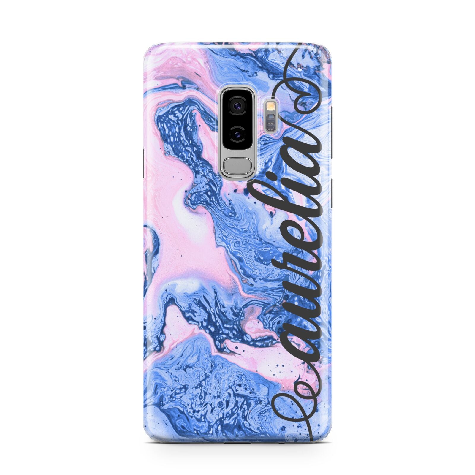 Ocean Blue and Pink Marble Samsung Galaxy S9 Plus Case on Silver phone