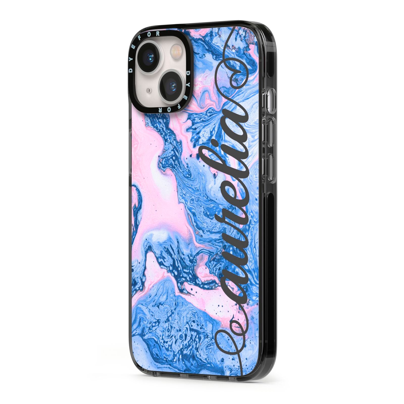 Ocean Blue and Pink Marble iPhone 13 Black Impact Case Side Angle on Silver phone