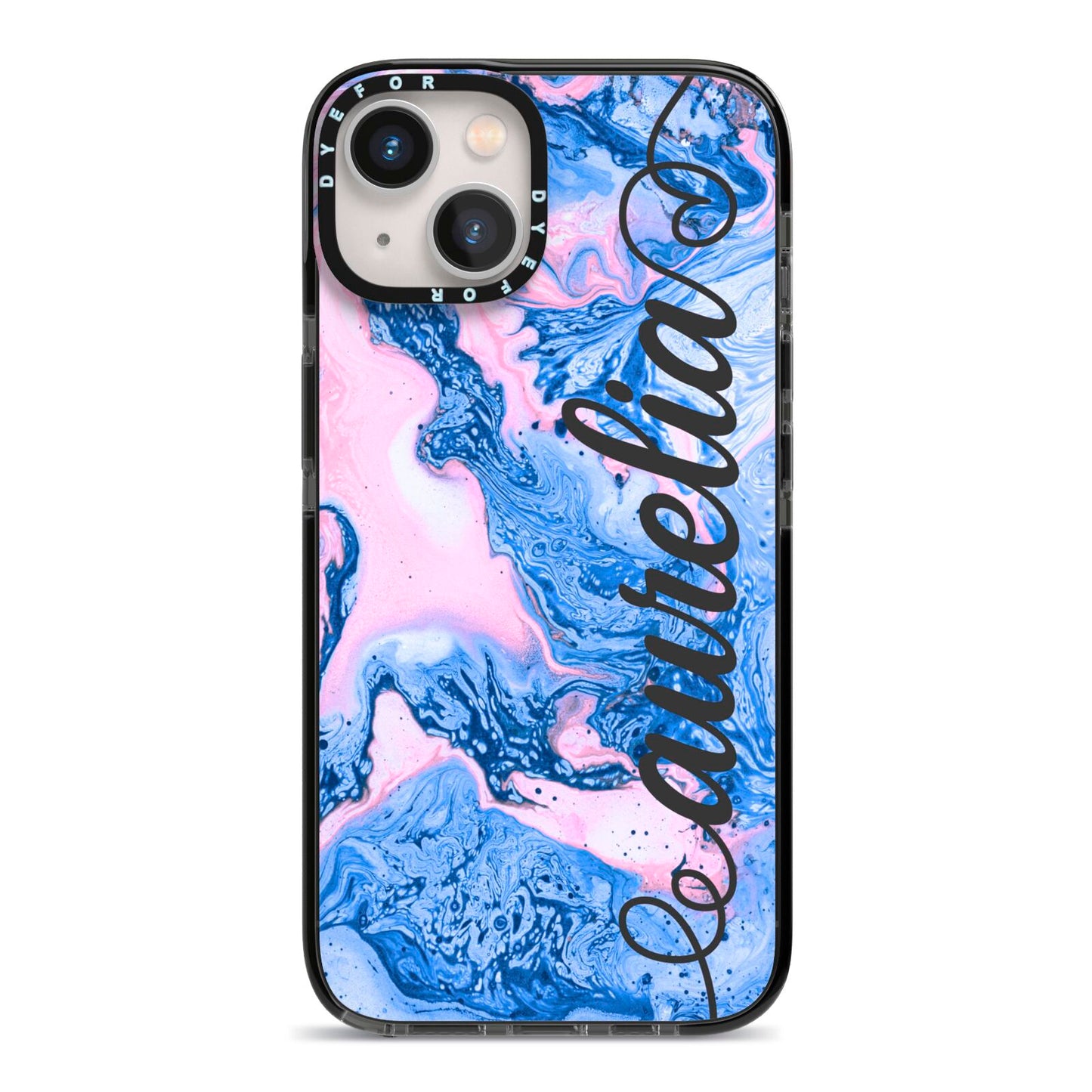 Ocean Blue and Pink Marble iPhone 13 Black Impact Case on Silver phone