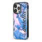 Ocean Blue and Pink Marble iPhone 13 Pro Black Impact Case Side Angle on Silver phone