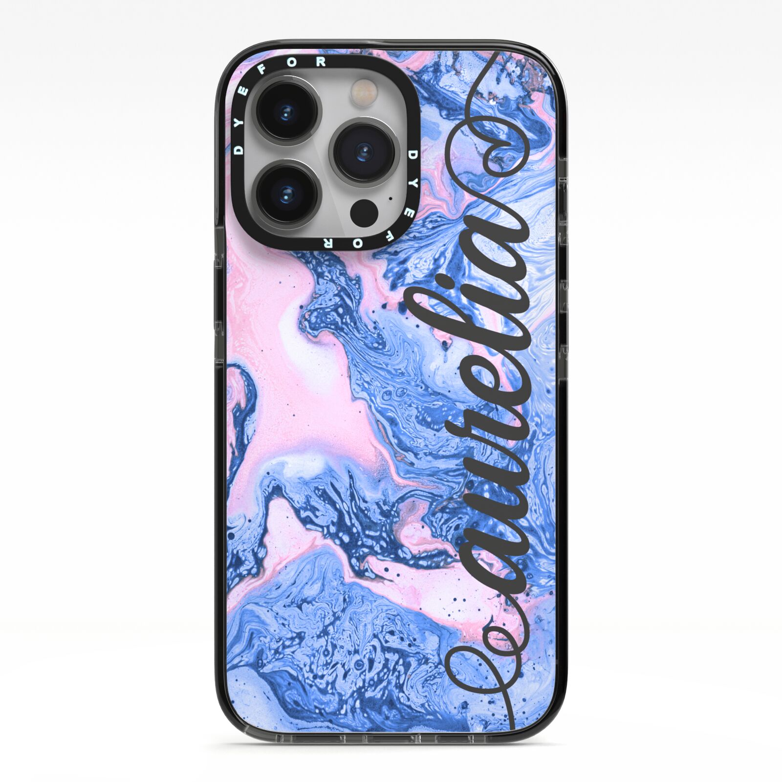 Ocean Blue and Pink Marble iPhone 13 Pro Black Impact Case on Silver phone