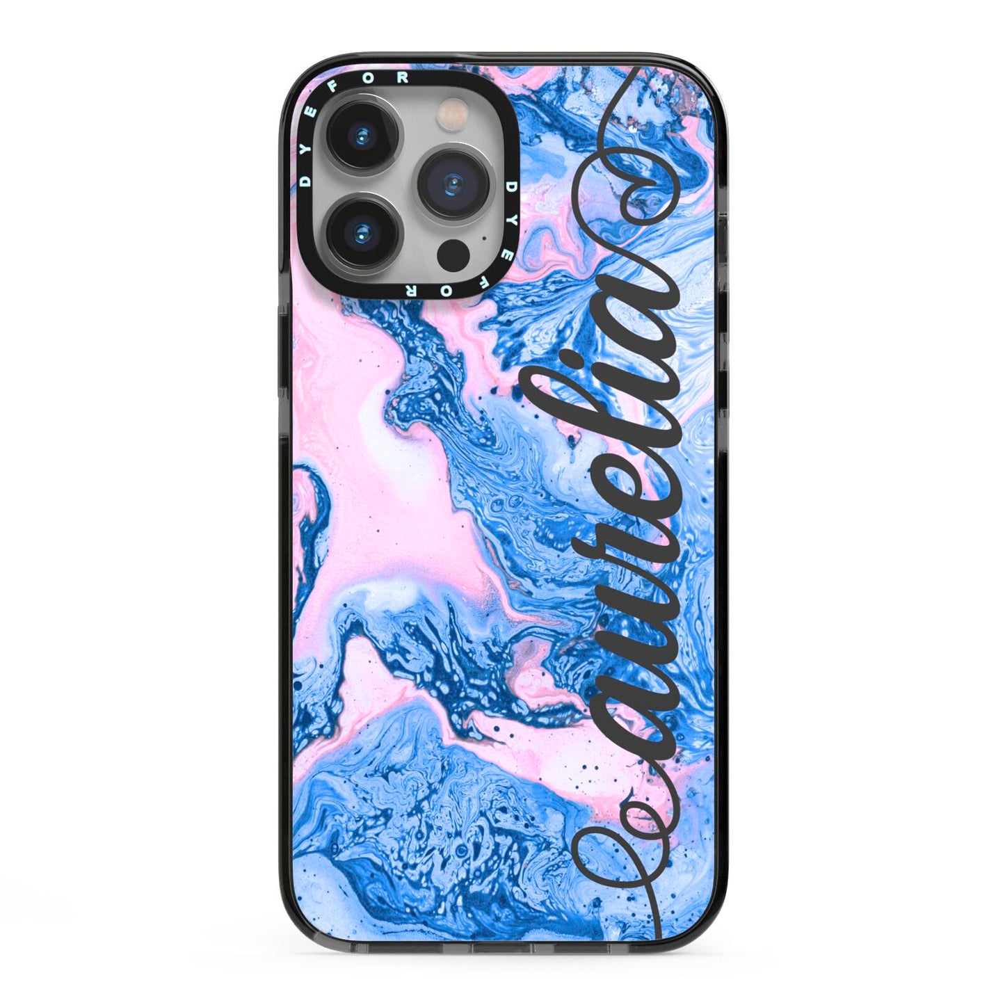 Ocean Blue and Pink Marble iPhone 13 Pro Max Black Impact Case on Silver phone