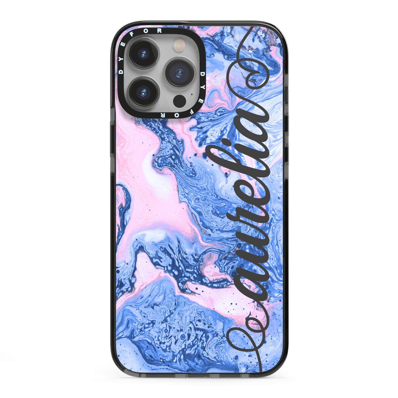 Ocean Blue and Pink Marble iPhone 13 Pro Max Black Impact Case on Silver phone