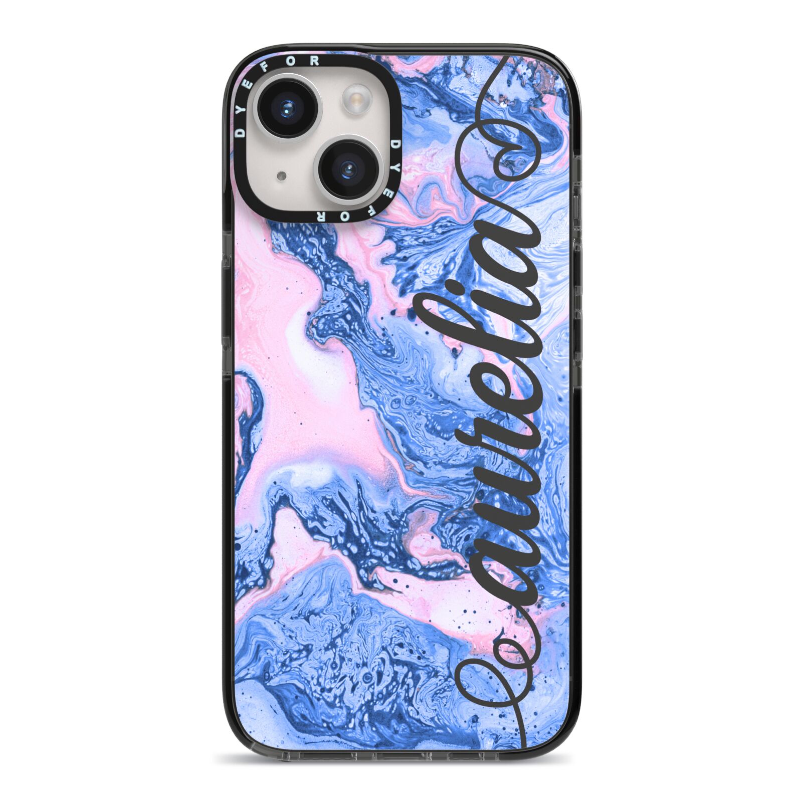 Ocean Blue and Pink Marble iPhone 14 Black Impact Case on Silver phone