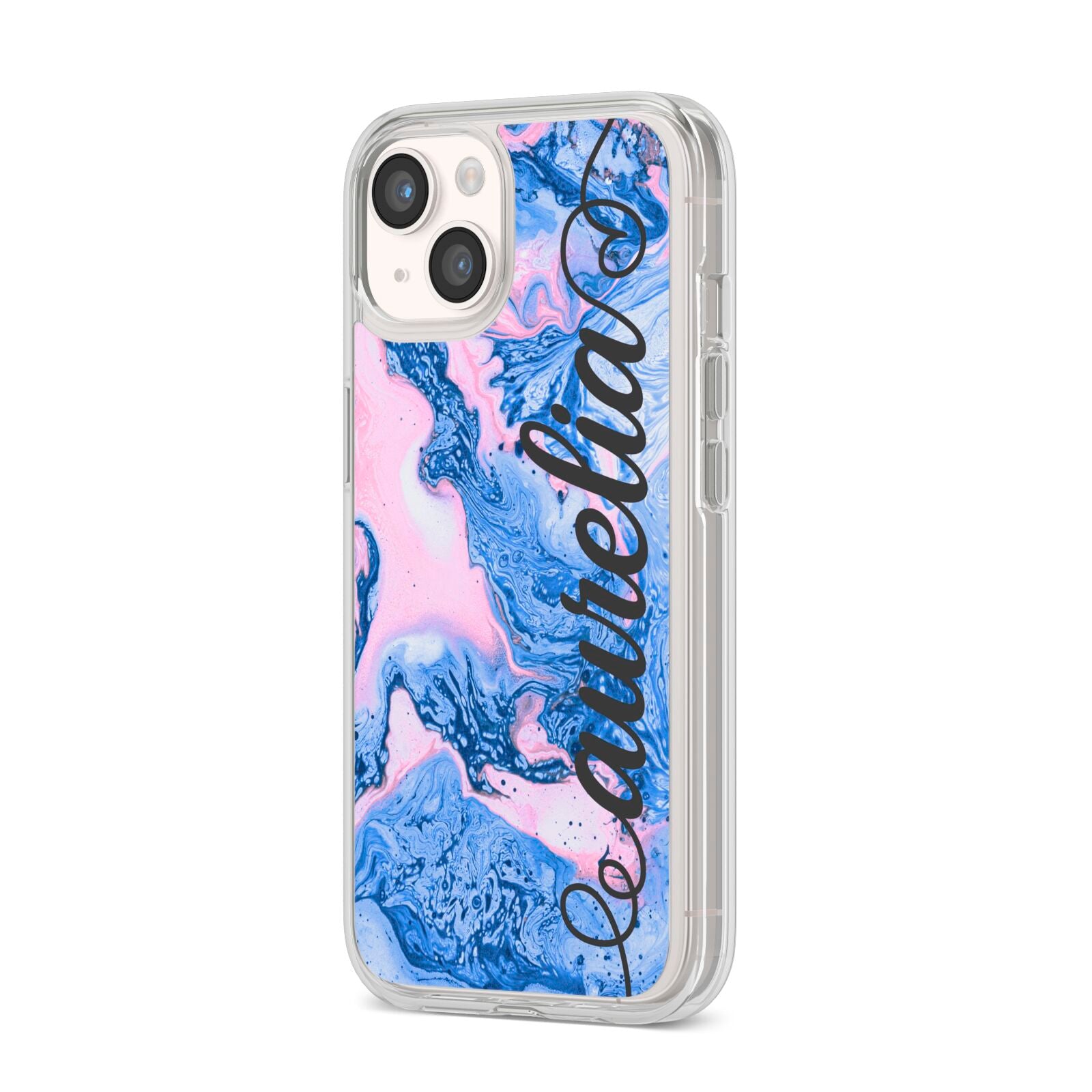 Ocean Blue and Pink Marble iPhone 14 Clear Tough Case Starlight Angled Image