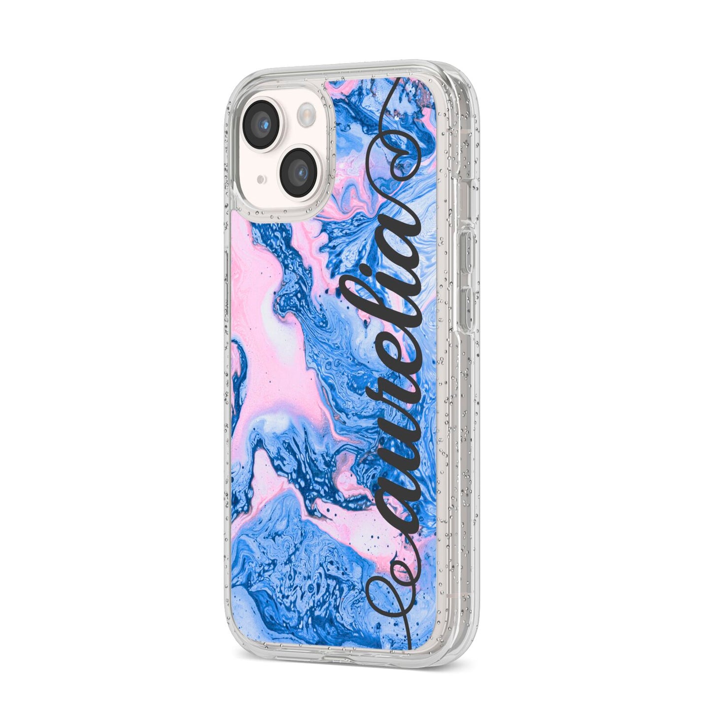 Ocean Blue and Pink Marble iPhone 14 Glitter Tough Case Starlight Angled Image