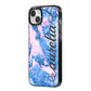Ocean Blue and Pink Marble iPhone 14 Plus Black Impact Case Side Angle on Silver phone