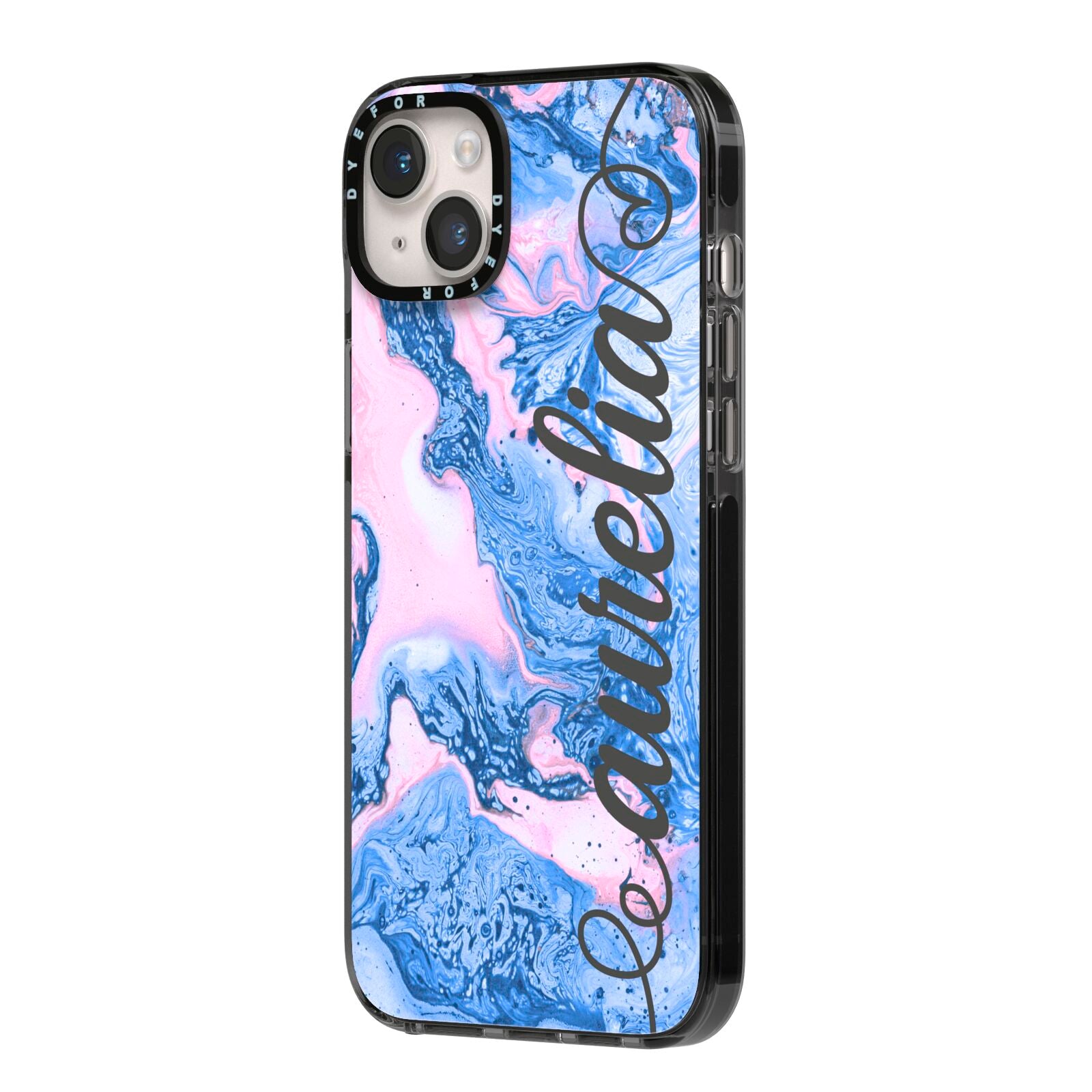 Ocean Blue and Pink Marble iPhone 14 Plus Black Impact Case Side Angle on Silver phone