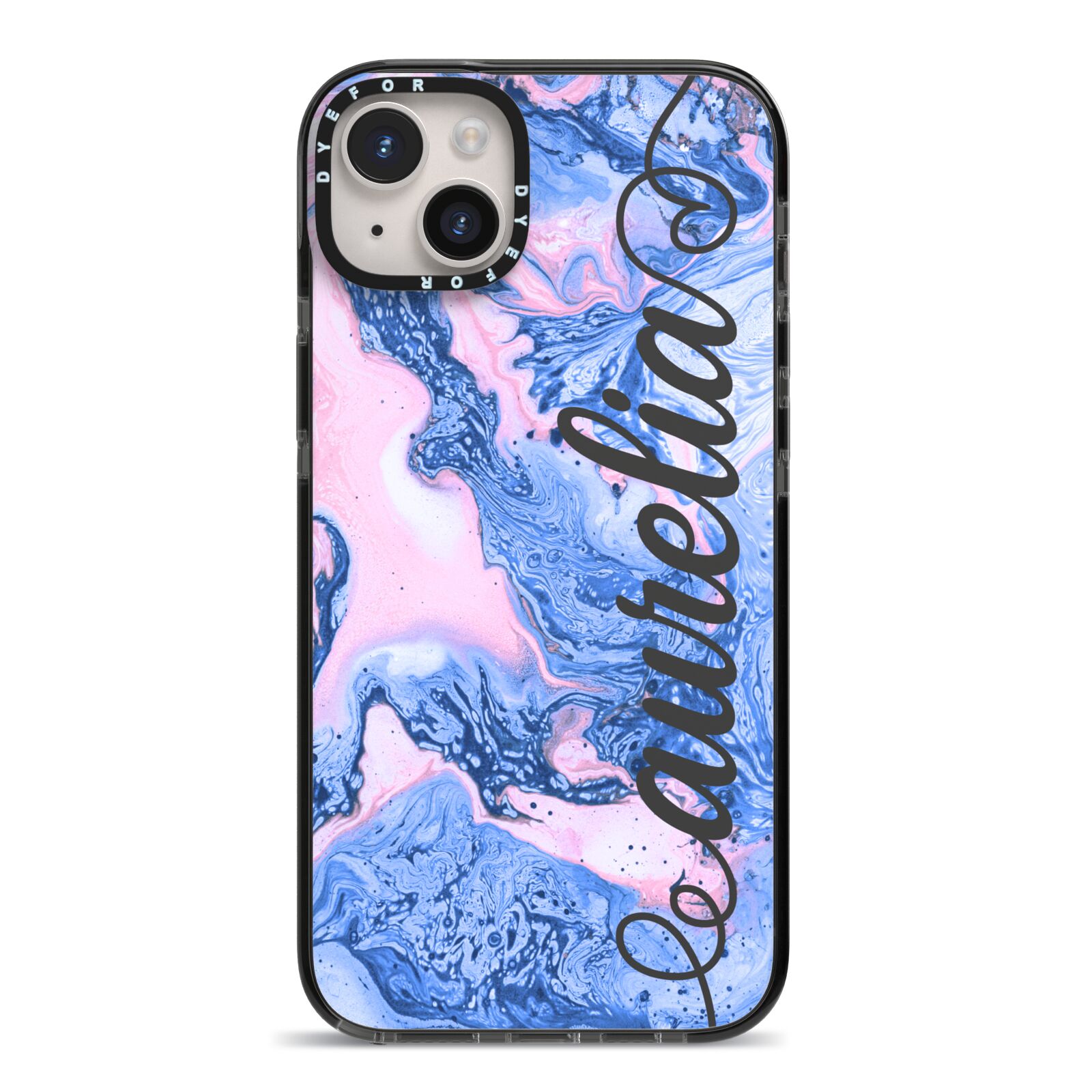 Ocean Blue and Pink Marble iPhone 14 Plus Black Impact Case on Silver phone