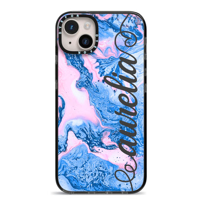Ocean Blue and Pink Marble iPhone 14 Plus Black Impact Case on Silver phone