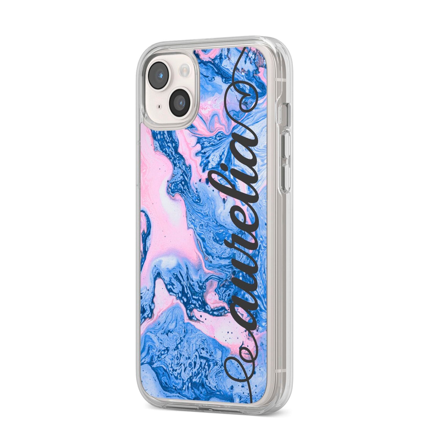 Ocean Blue and Pink Marble iPhone 14 Plus Clear Tough Case Starlight Angled Image